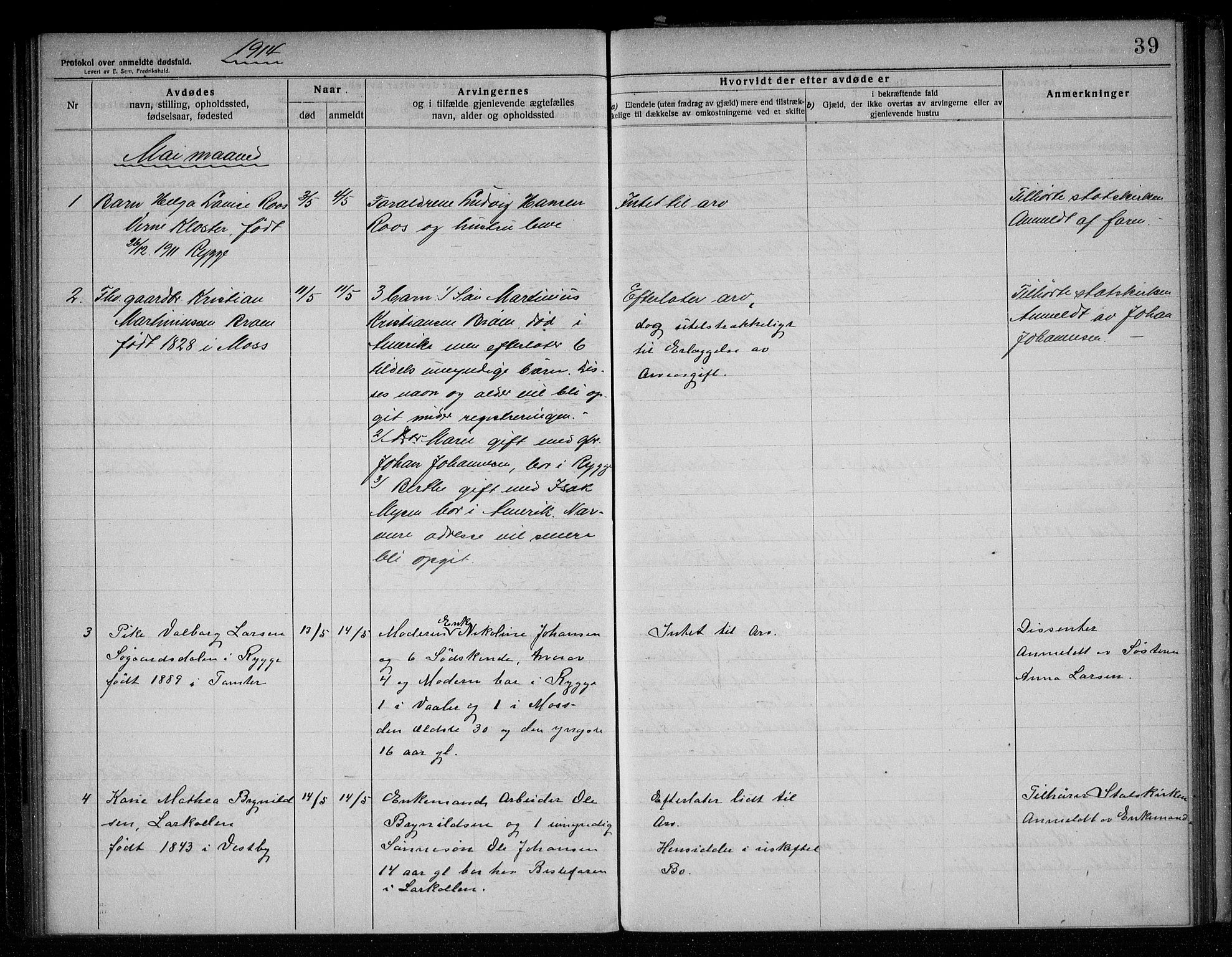 Rygge lensmannskontor, AV/SAO-A-10005/H/Ha/Haa/L0005: Dødsfallsprotokoll, 1912-1916, p. 39