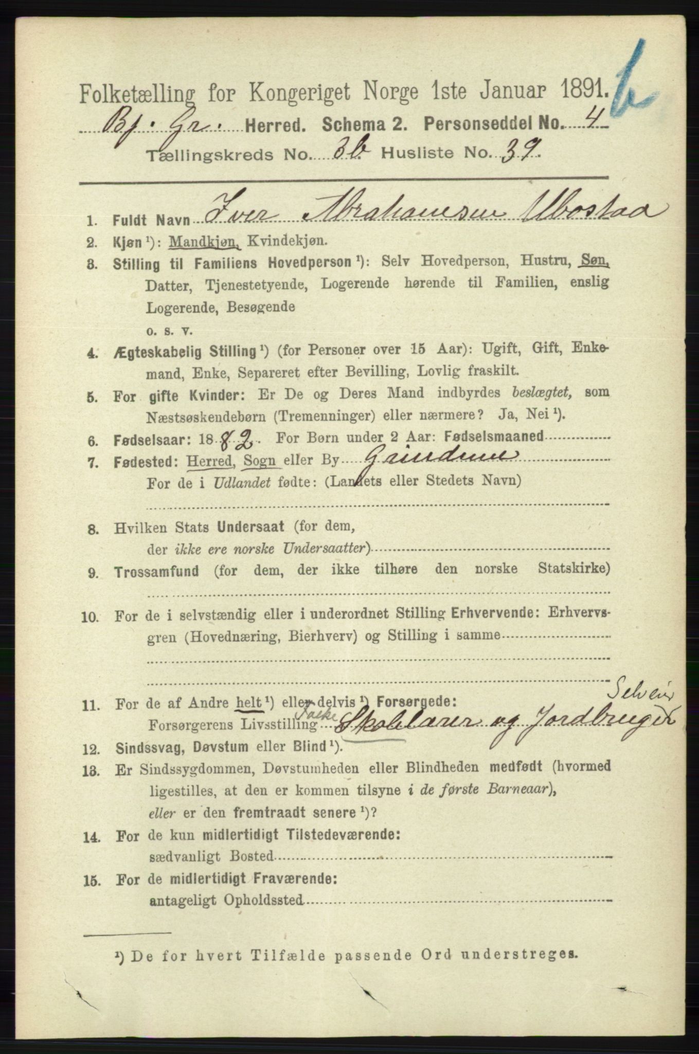 RA, 1891 census for 1024 Bjelland og Grindheim, 1891, p. 2019