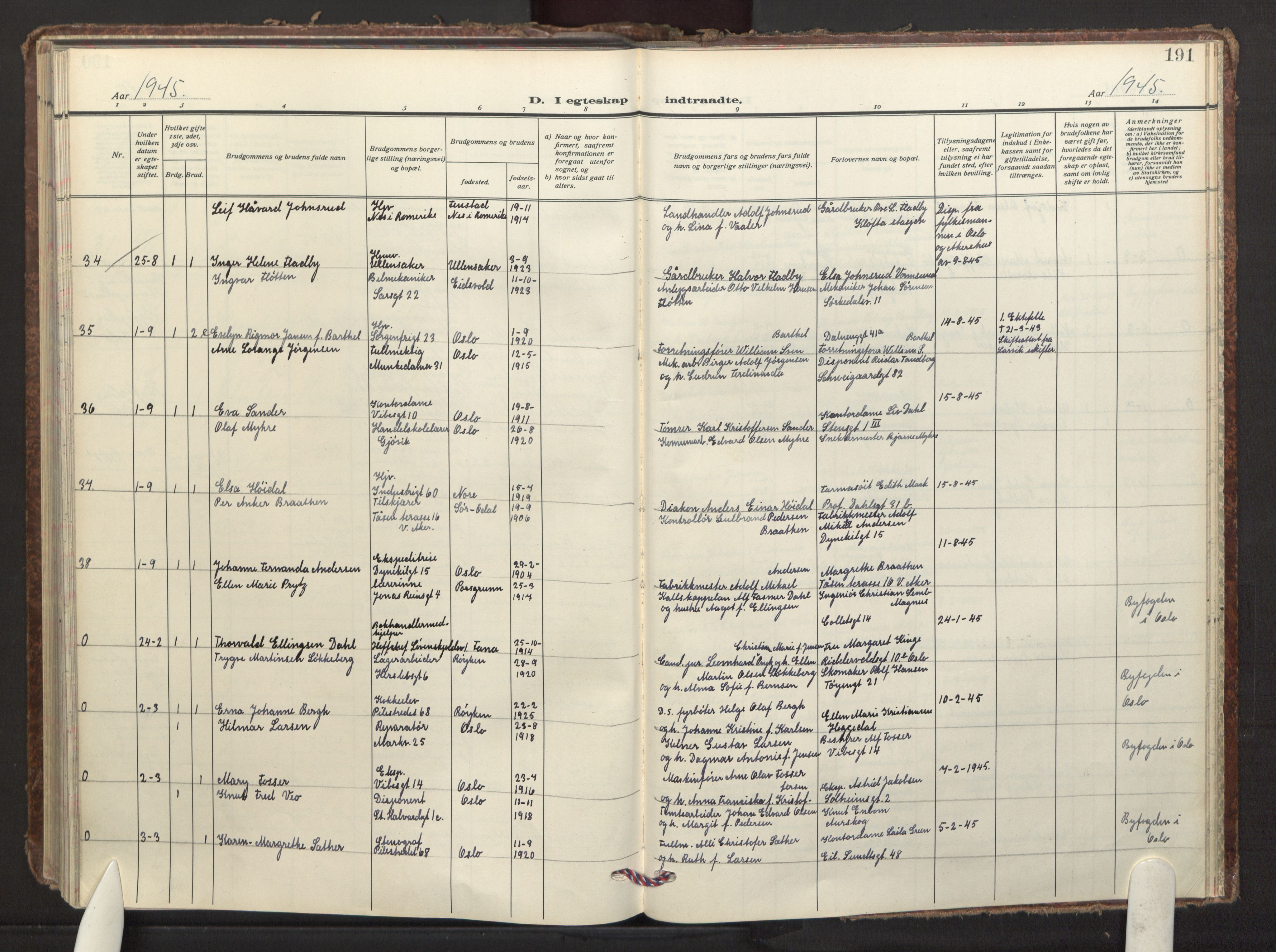 Fagerborg prestekontor Kirkebøker, AV/SAO-A-10844/F/Fa/L0009: Parish register (official) no. 9, 1934-1945, p. 191