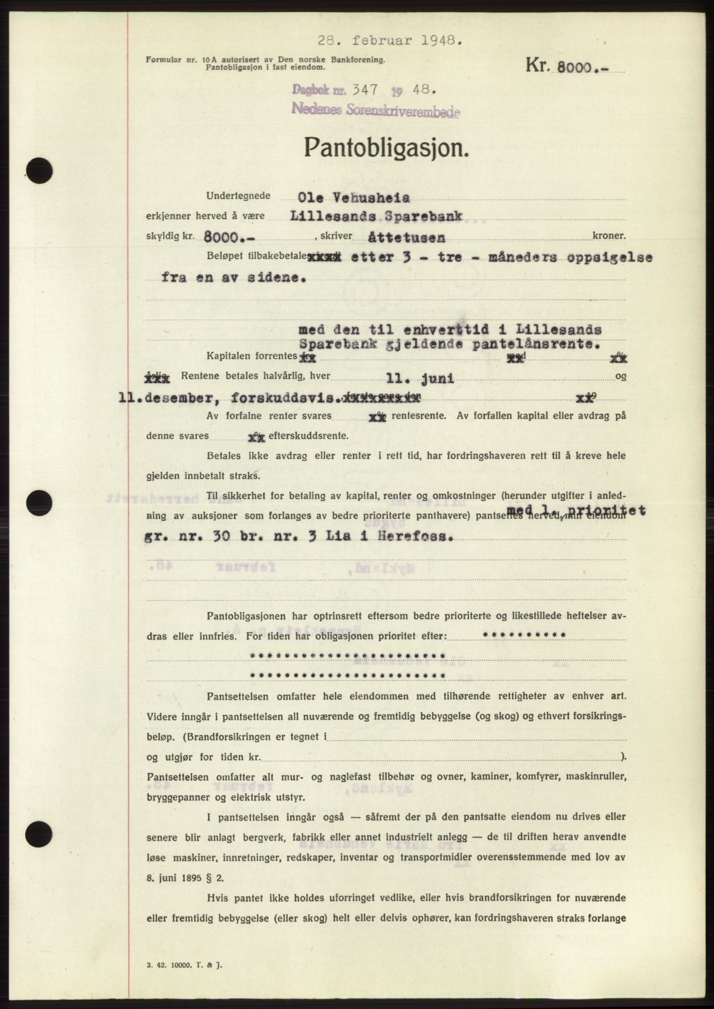 Nedenes sorenskriveri, AV/SAK-1221-0006/G/Gb/Gbb/L0005: Mortgage book no. B5, 1948-1948, Diary no: : 347/1948