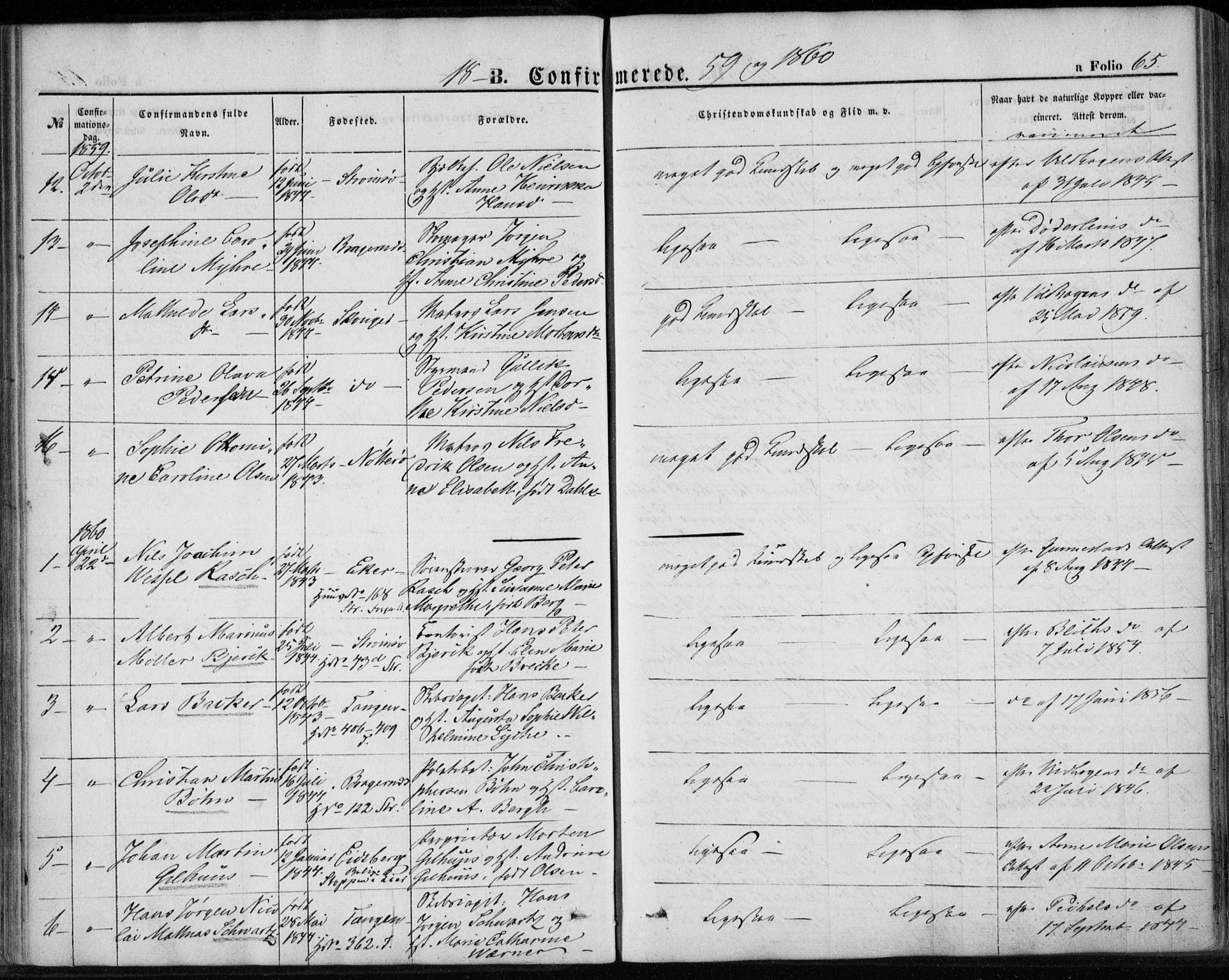 Strømsø kirkebøker, SAKO/A-246/F/Fa/L0017: Parish register (official) no. I 17, 1848-1865, p. 65