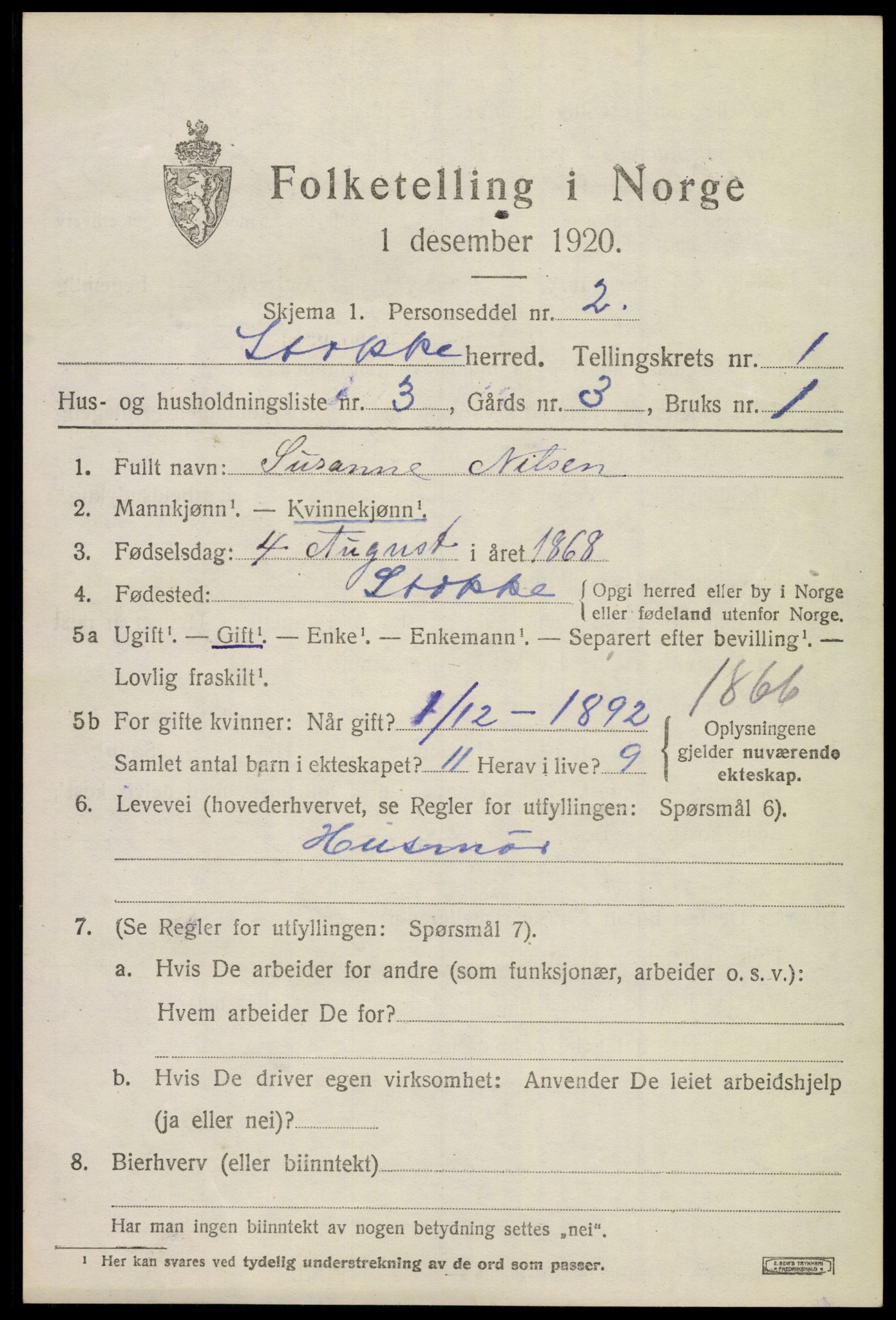 SAKO, 1920 census for Stokke, 1920, p. 2058