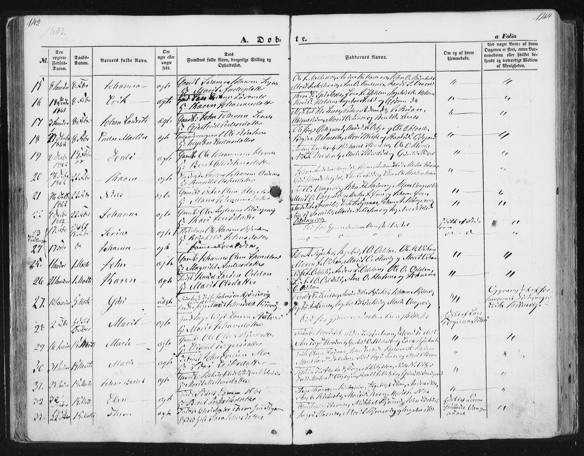 Ministerialprotokoller, klokkerbøker og fødselsregistre - Sør-Trøndelag, SAT/A-1456/630/L0494: Parish register (official) no. 630A07, 1852-1868, p. 143-144