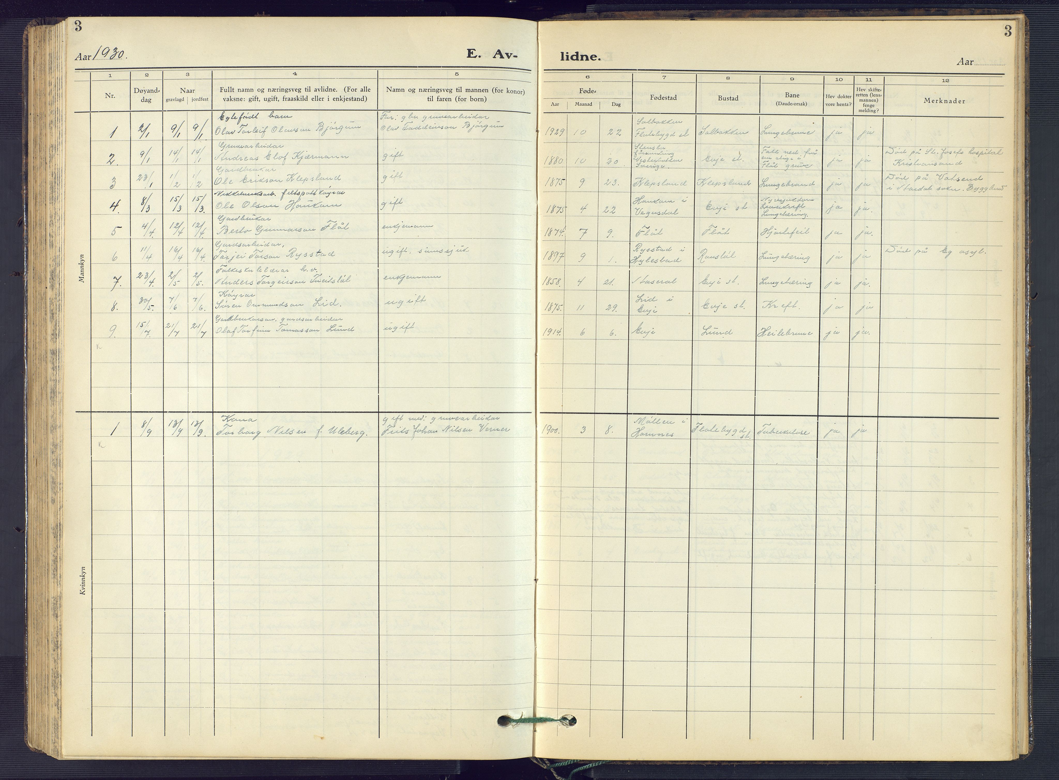 Evje sokneprestkontor, SAK/1111-0008/F/Fb/Fba/L0006: Parish register (copy) no. B 6, 1927-1956, p. 3