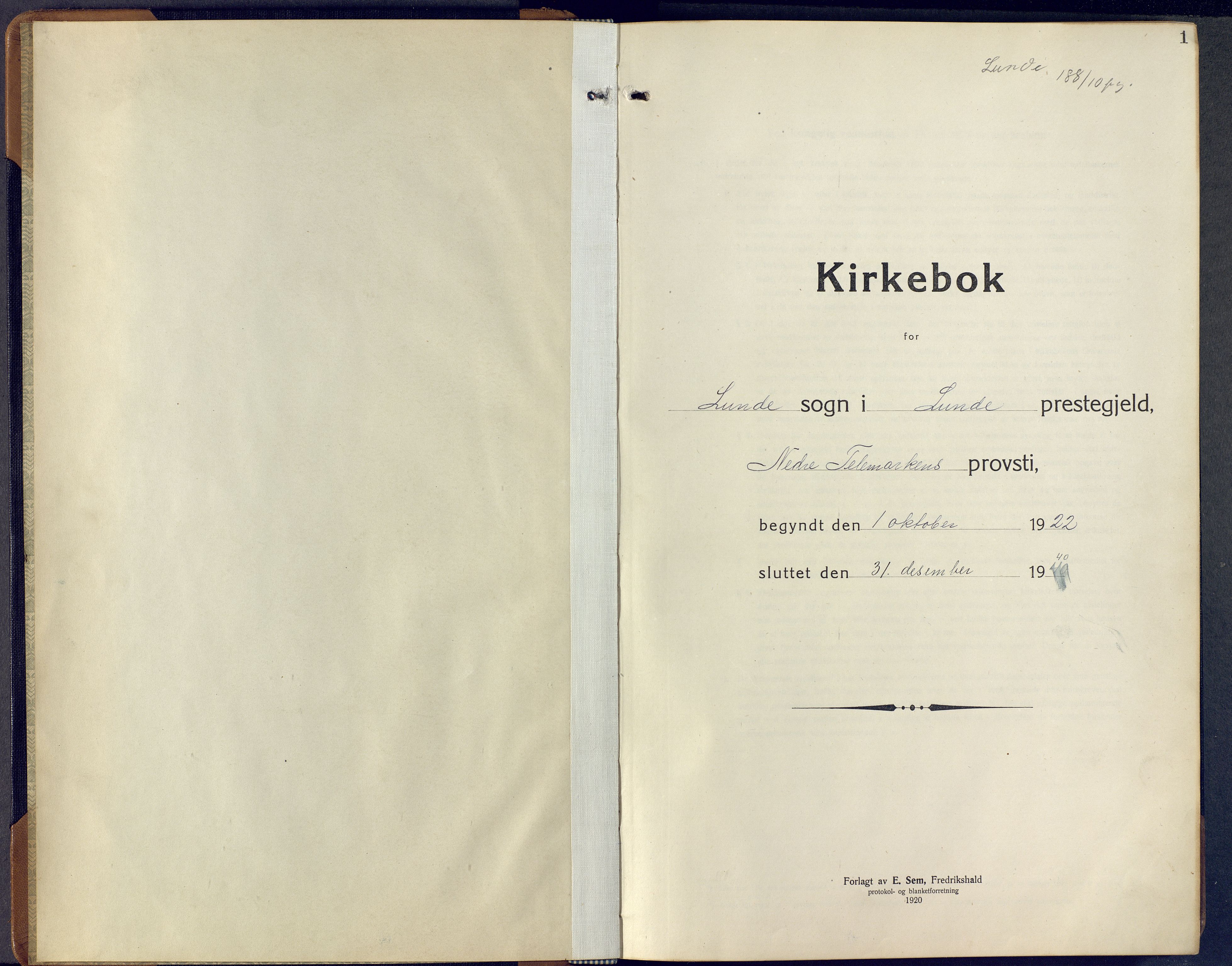 Lunde kirkebøker, SAKO/A-282/F/Fa/L0006: Parish register (official) no. I 6, 1922-1940, p. 1