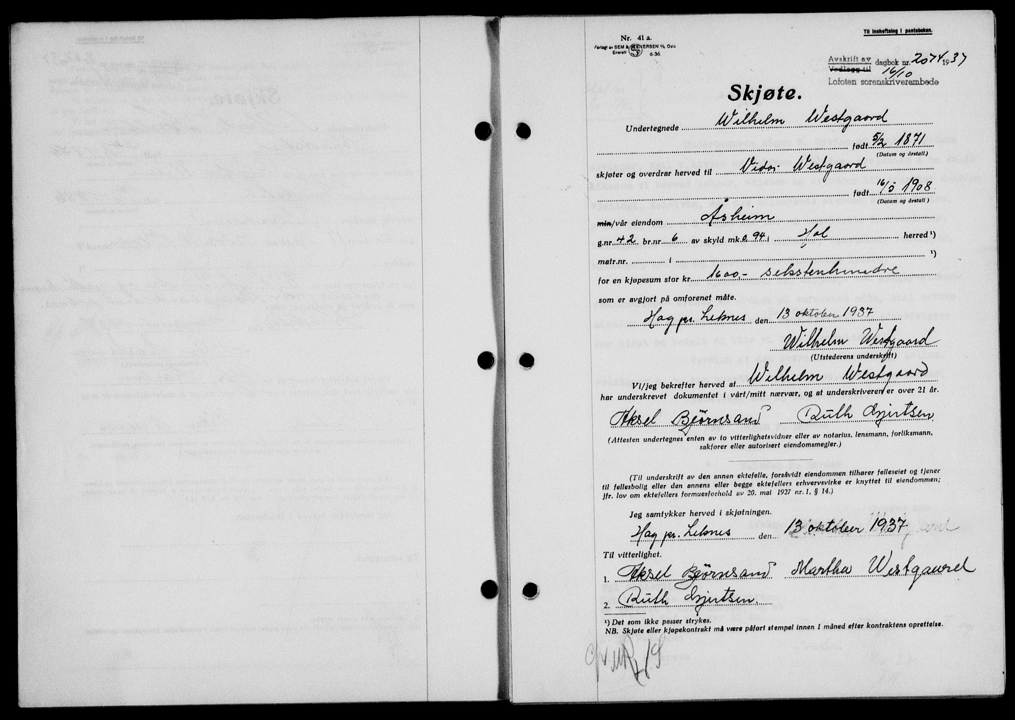 Lofoten sorenskriveri, SAT/A-0017/1/2/2C/L0003a: Mortgage book no. 3a, 1937-1938, Diary no: : 2074/1937