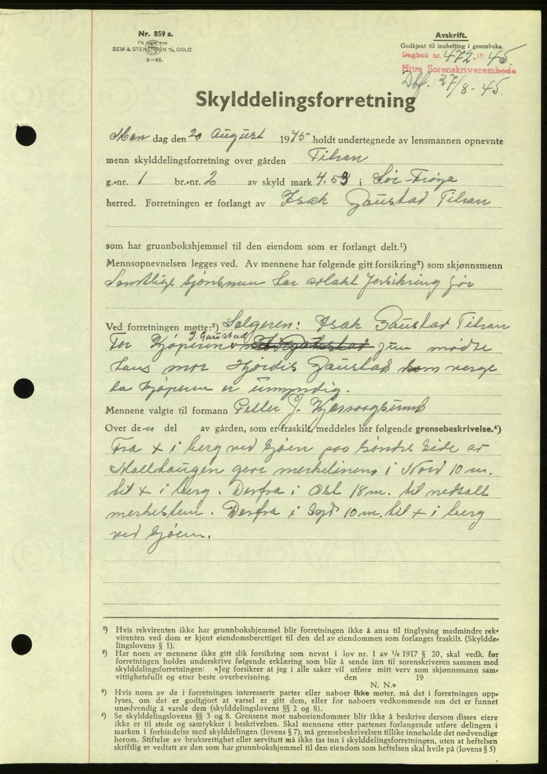 Hitra sorenskriveri, AV/SAT-A-0018/2/2C/2Ca: Mortgage book no. A2, 1943-1945, Diary no: : 472/1945