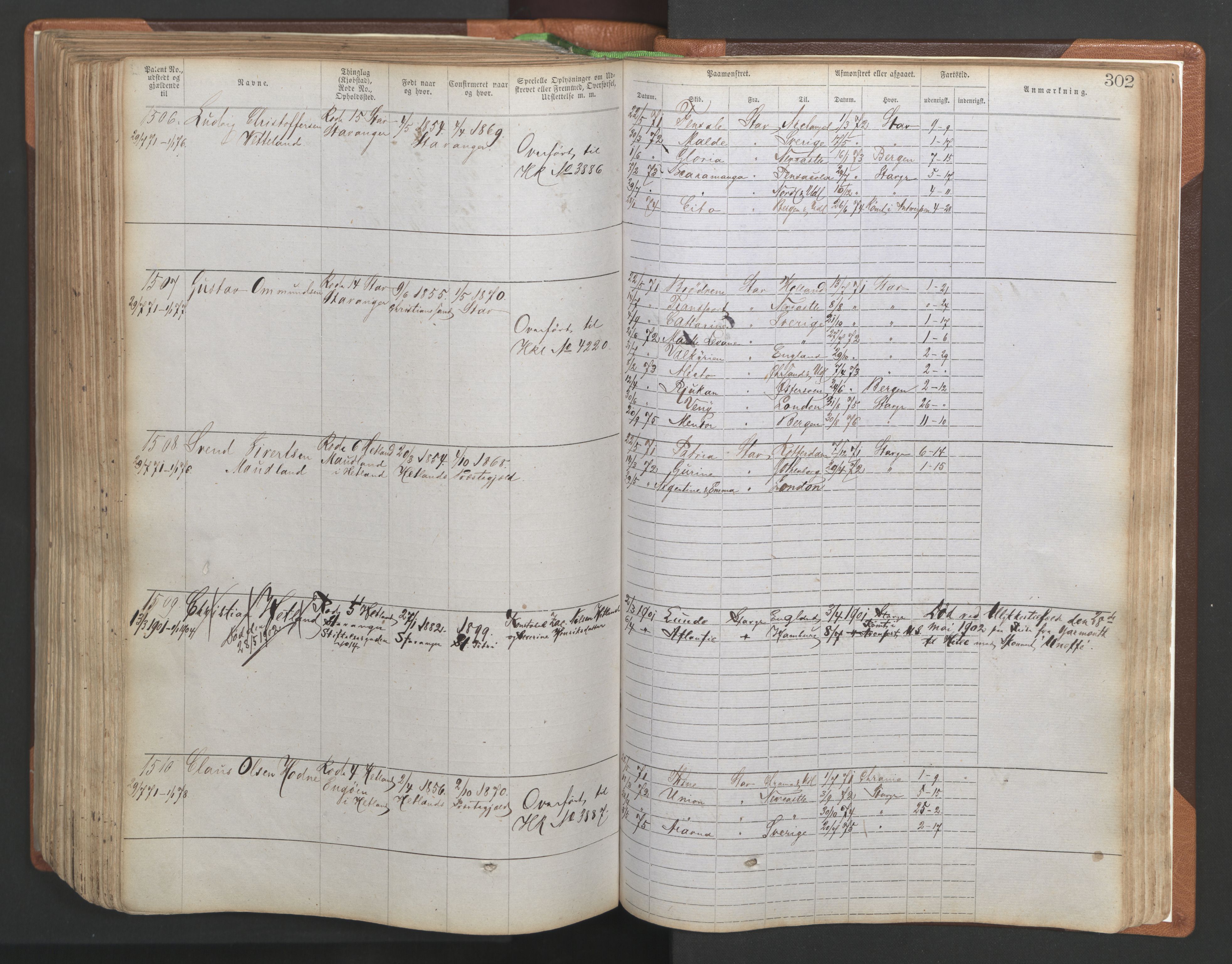 Stavanger sjømannskontor, AV/SAST-A-102006/F/Ff/L0004: Annotasjonsrulle No. 1, patentnr. 1-1785 (del 1), 1869-1900, p. 306