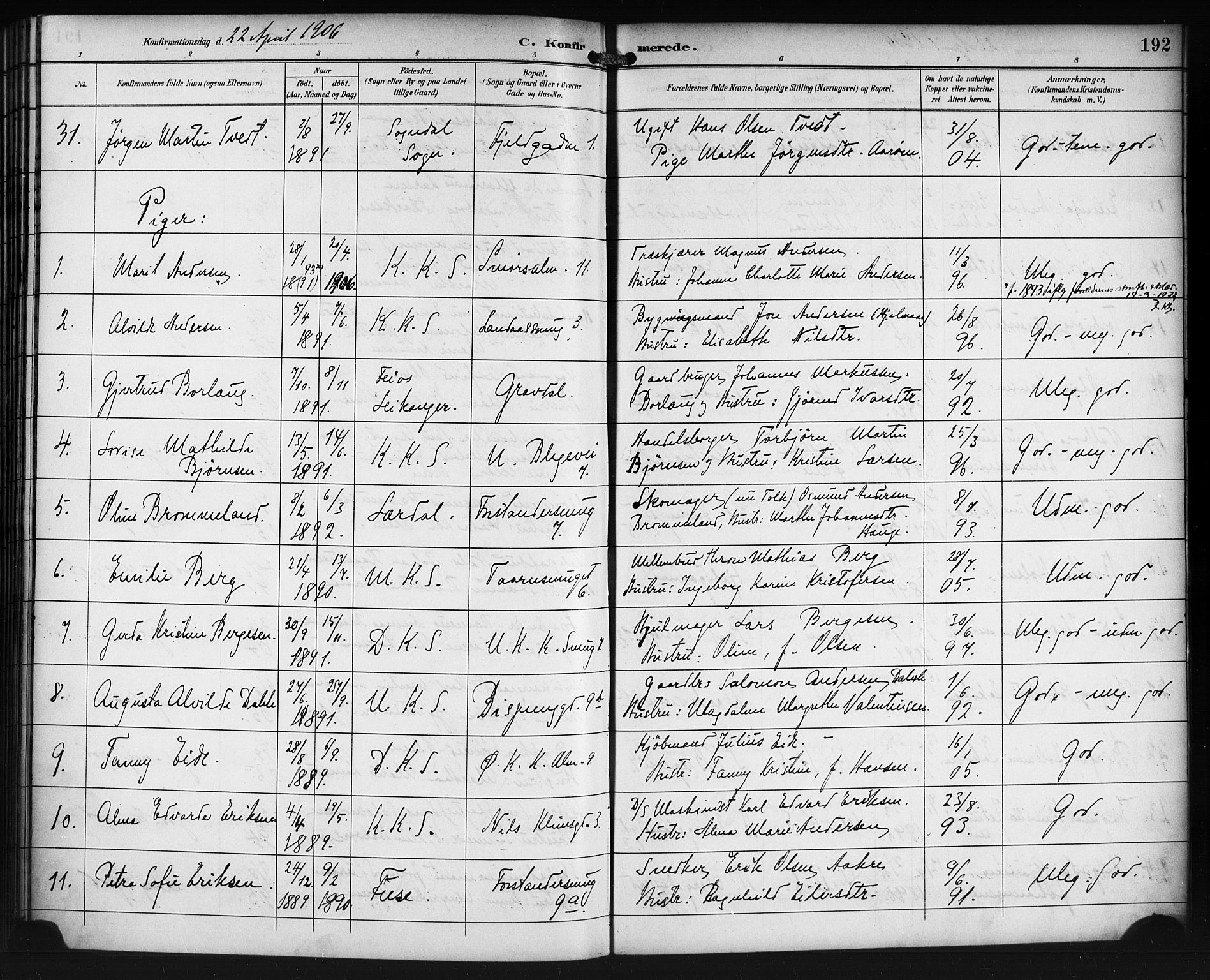Korskirken sokneprestembete, SAB/A-76101/H/Haa/L0030: Parish register (official) no. C 6, 1893-1906, p. 192