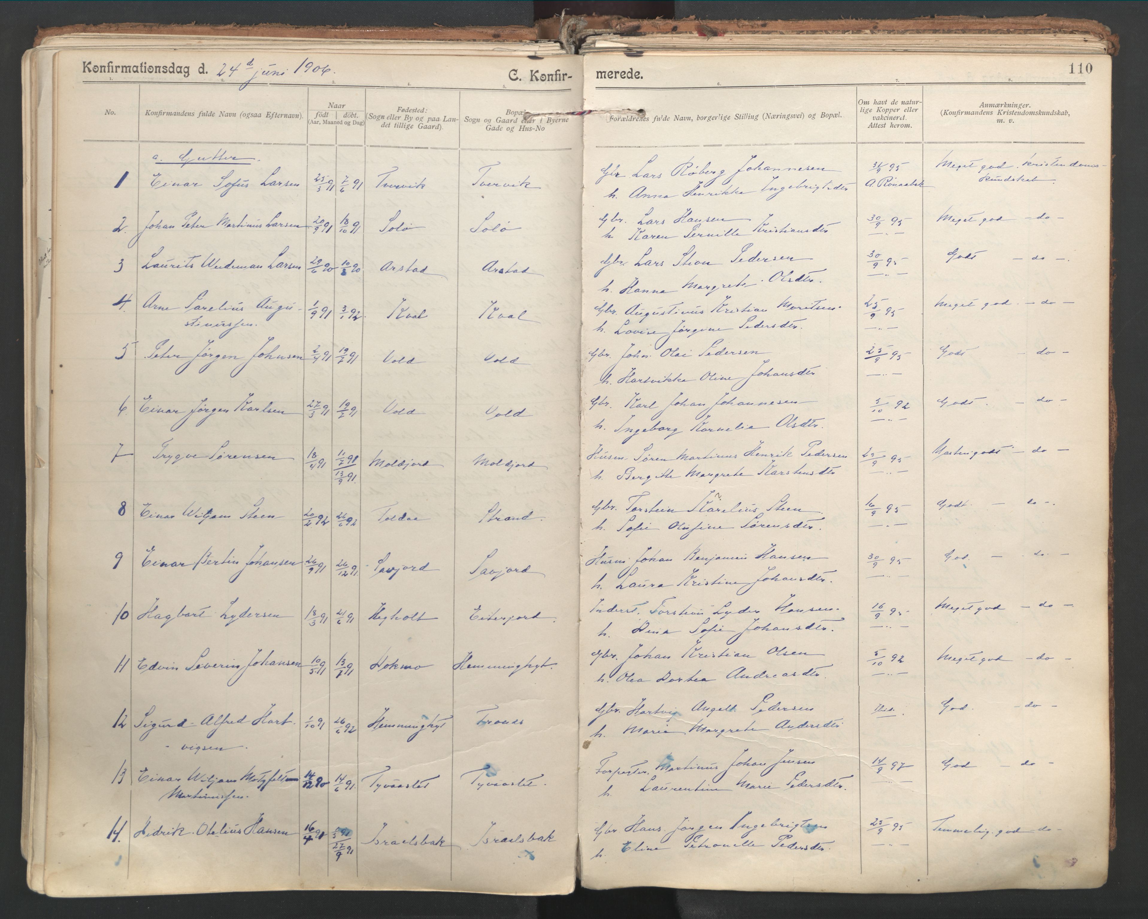 Ministerialprotokoller, klokkerbøker og fødselsregistre - Nordland, SAT/A-1459/846/L0647: Parish register (official) no. 846A05, 1902-1915, p. 110