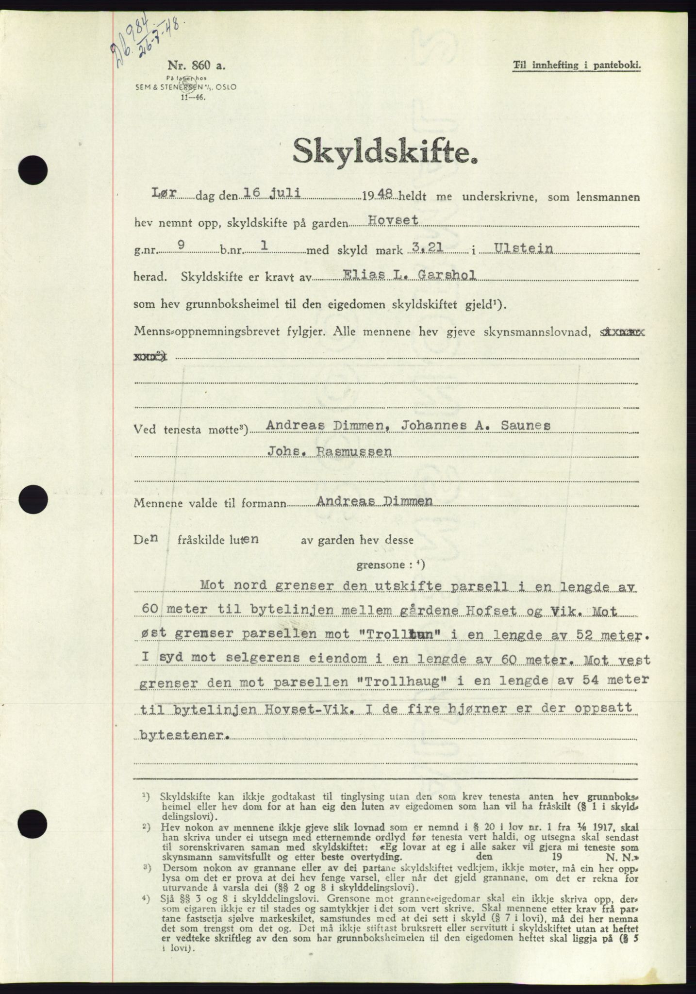 Søre Sunnmøre sorenskriveri, AV/SAT-A-4122/1/2/2C/L0082: Mortgage book no. 8A, 1948-1948, Diary no: : 984/1948