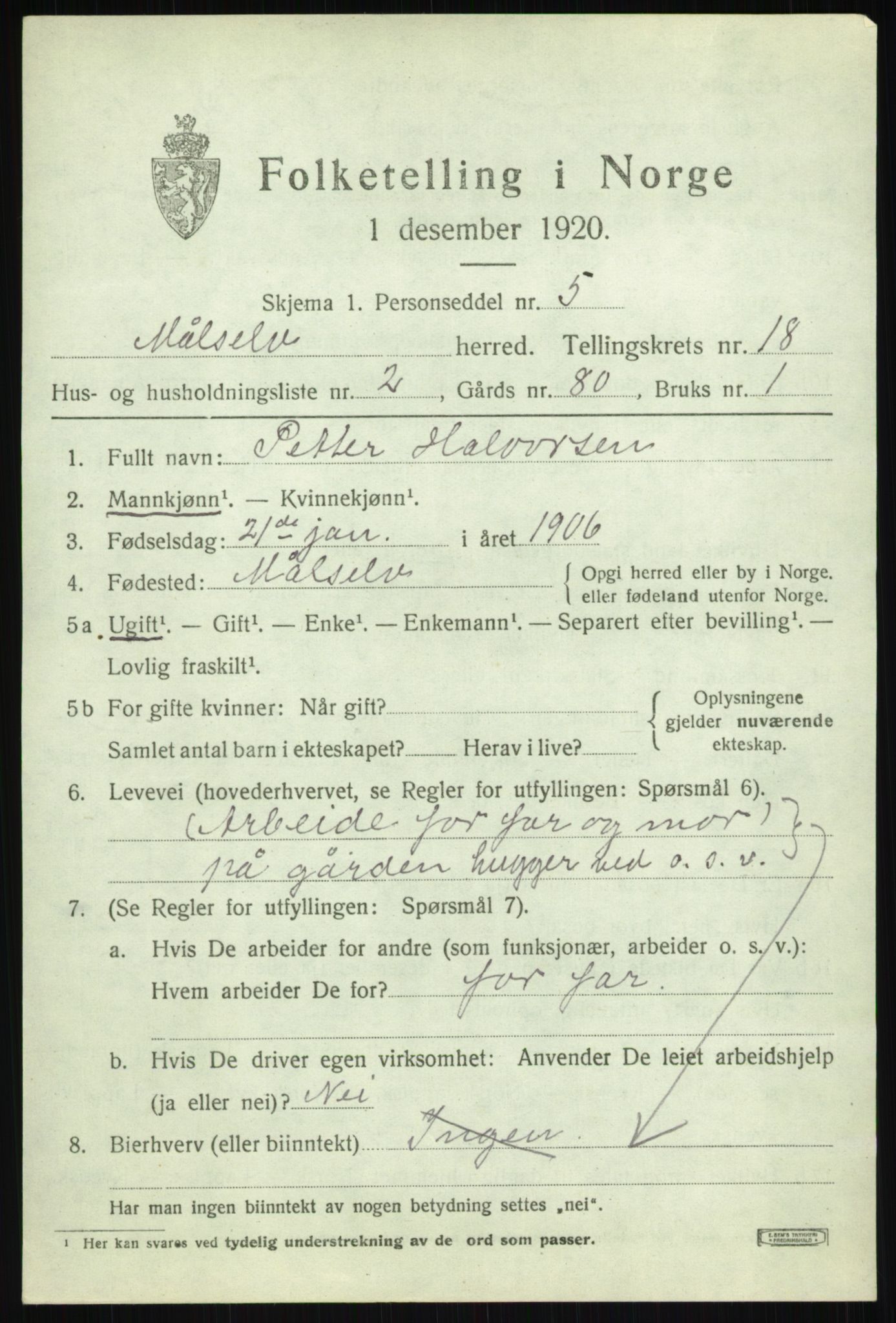 SATØ, 1920 census for Målselv, 1920, p. 8863