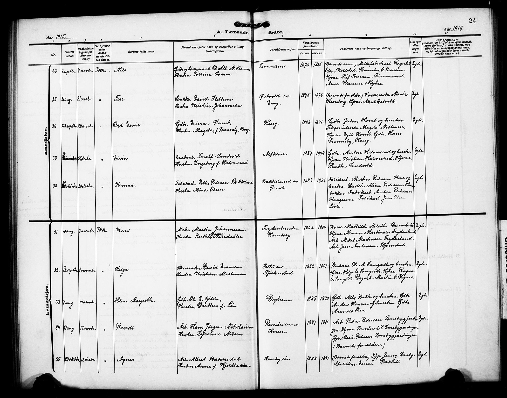 Østre Toten prestekontor, AV/SAH-PREST-104/H/Ha/Hab/L0008: Parish register (copy) no. 8, 1913-1929, p. 24
