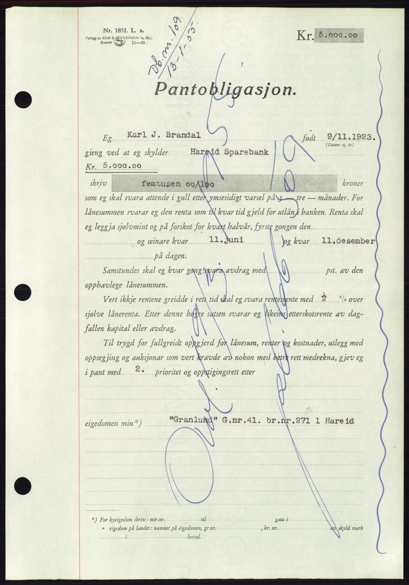 Søre Sunnmøre sorenskriveri, AV/SAT-A-4122/1/2/2C/L0126: Mortgage book no. 14B, 1954-1955, Diary no: : 109/1955