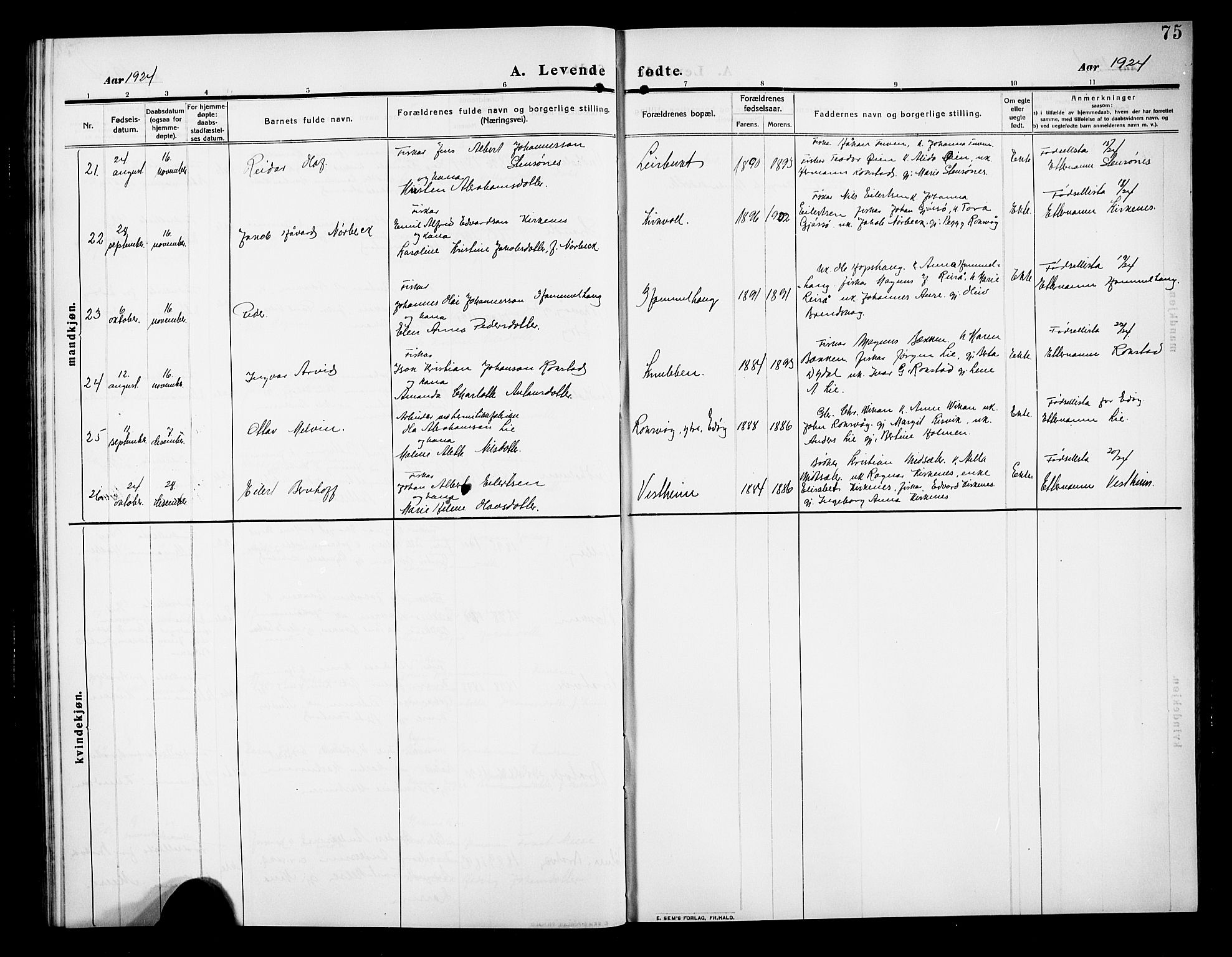 Ministerialprotokoller, klokkerbøker og fødselsregistre - Møre og Romsdal, AV/SAT-A-1454/583/L0956: Parish register (copy) no. 583C01, 1909-1925, p. 75