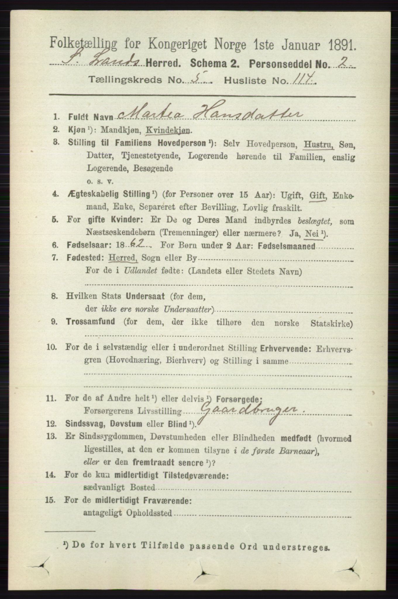 RA, 1891 census for 0536 Søndre Land, 1891, p. 5572