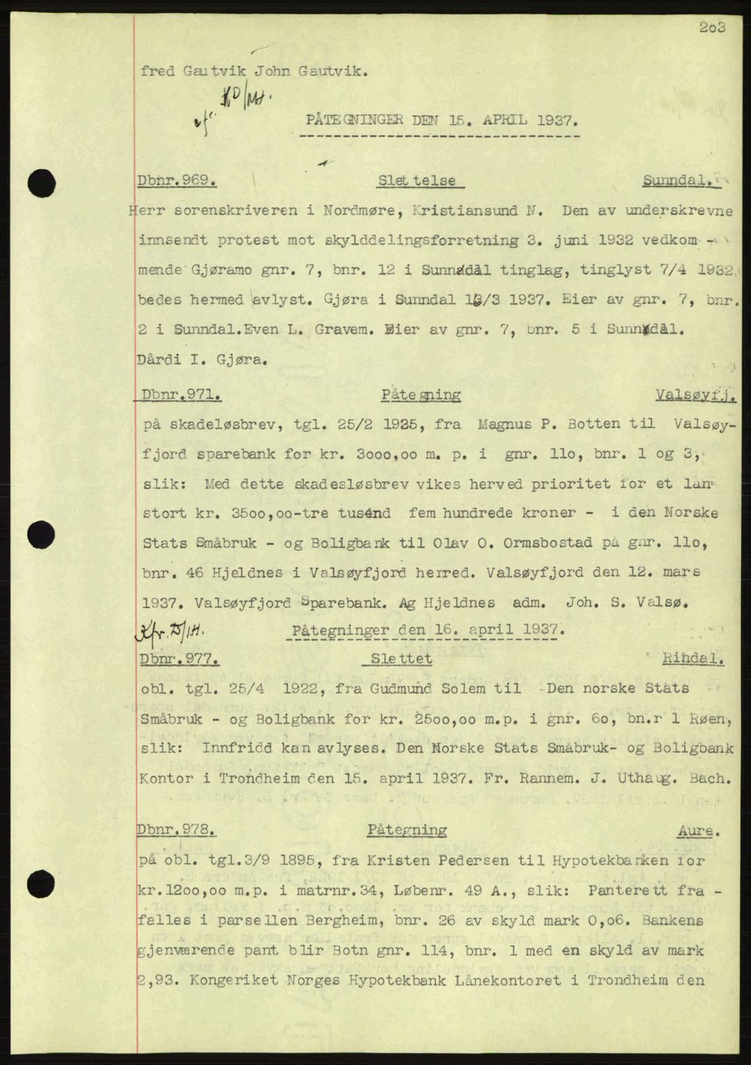 Nordmøre sorenskriveri, AV/SAT-A-4132/1/2/2Ca: Mortgage book no. C80, 1936-1939, Diary no: : 969/1937