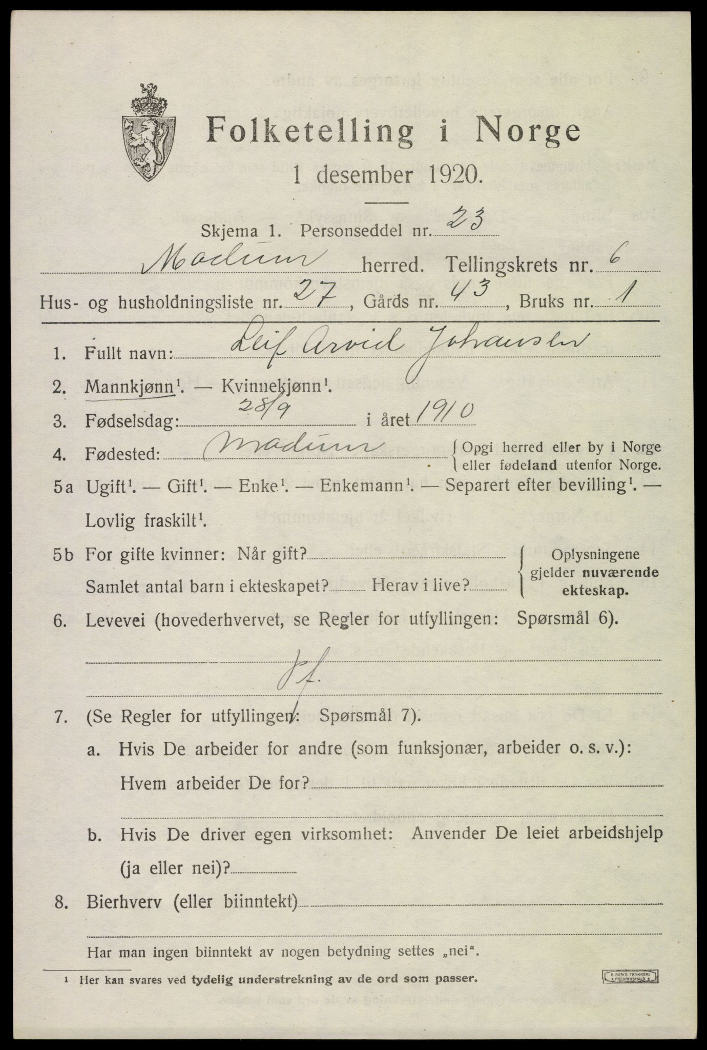 SAKO, 1920 census for Modum, 1920, p. 9019