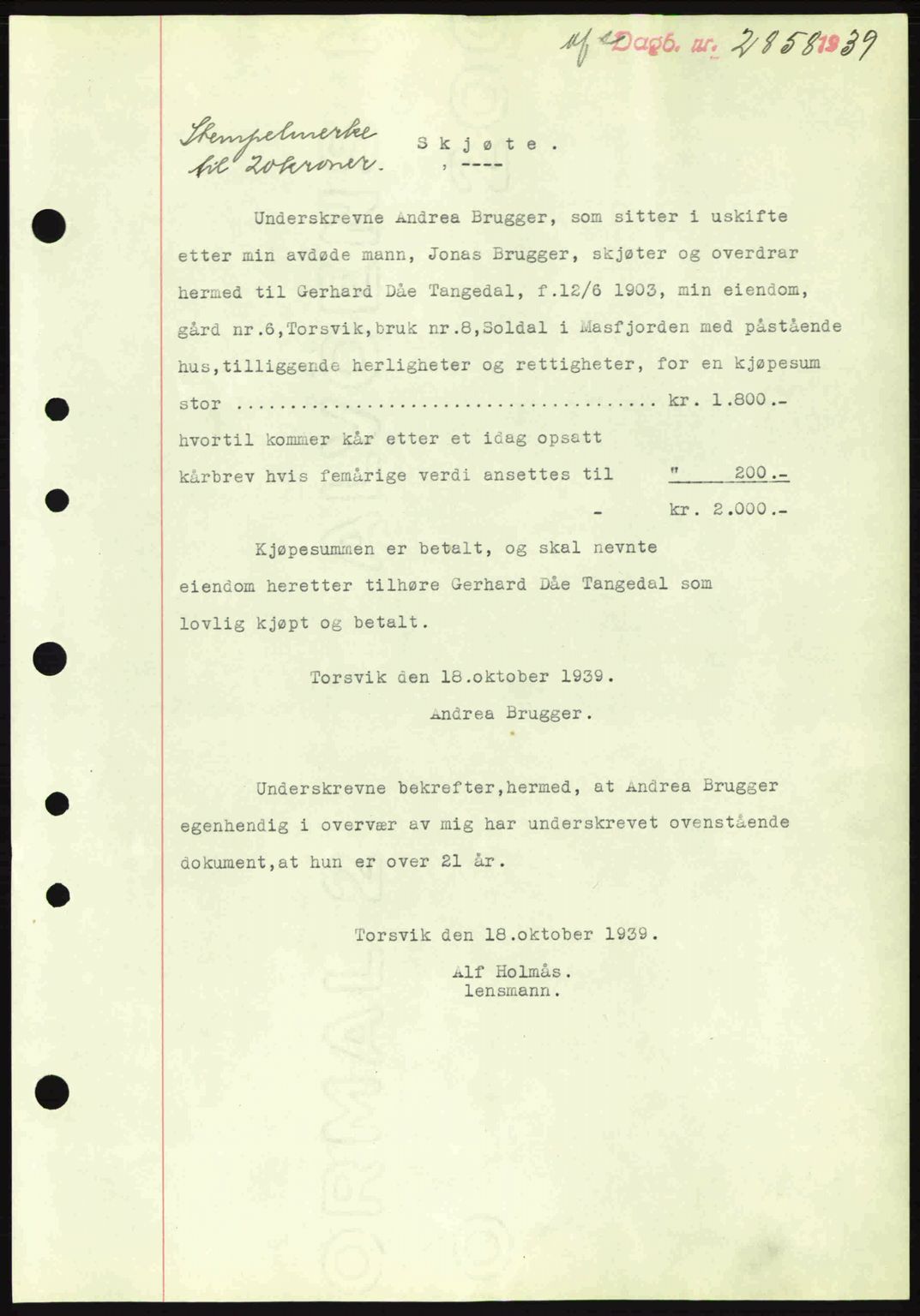 Nordhordland sorenskrivar, SAB/A-2901/1/G/Gb/Gbf/L0010: Mortgage book no. A10, 1939-1940, Diary no: : 2858/1939
