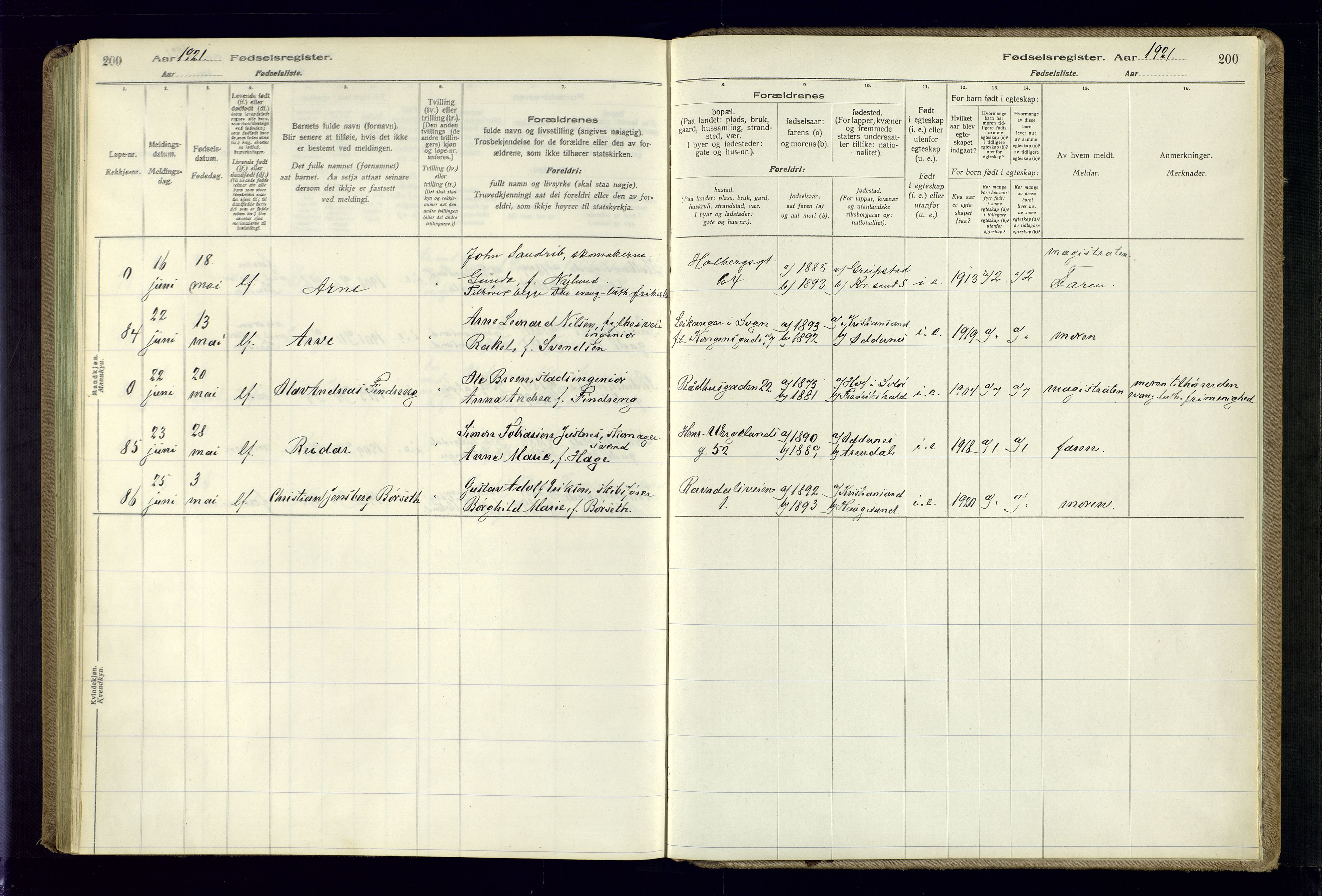 Kristiansand domprosti, AV/SAK-1112-0006/J/Jc/L0001: Birth register no. A-VI-45, 1916-1921, p. 200