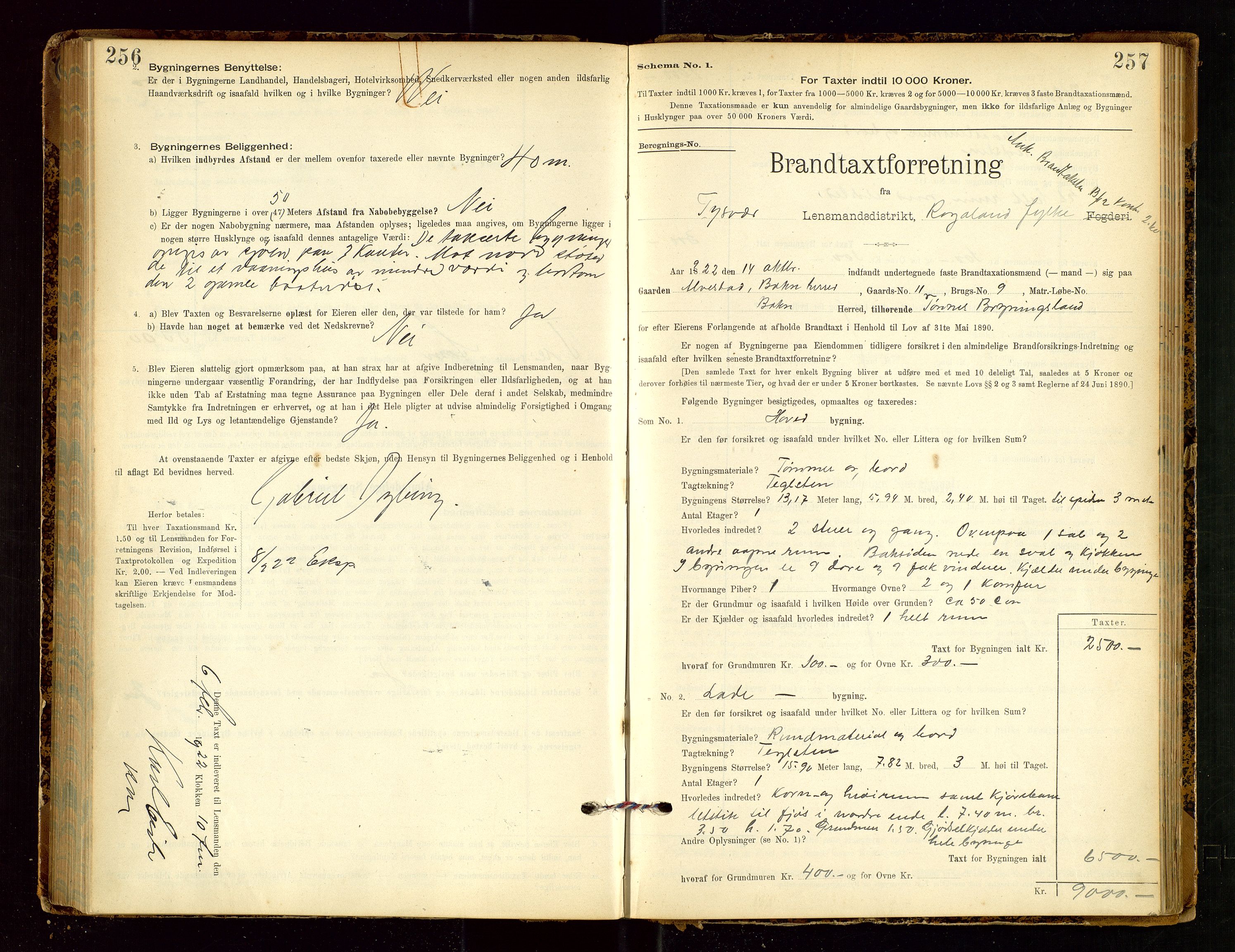 Tysvær lensmannskontor, AV/SAST-A-100192/Gob/L0002: "Brandtakstprotokol for Lensmanden i Tysvær", 1901-1932, p. 256-257