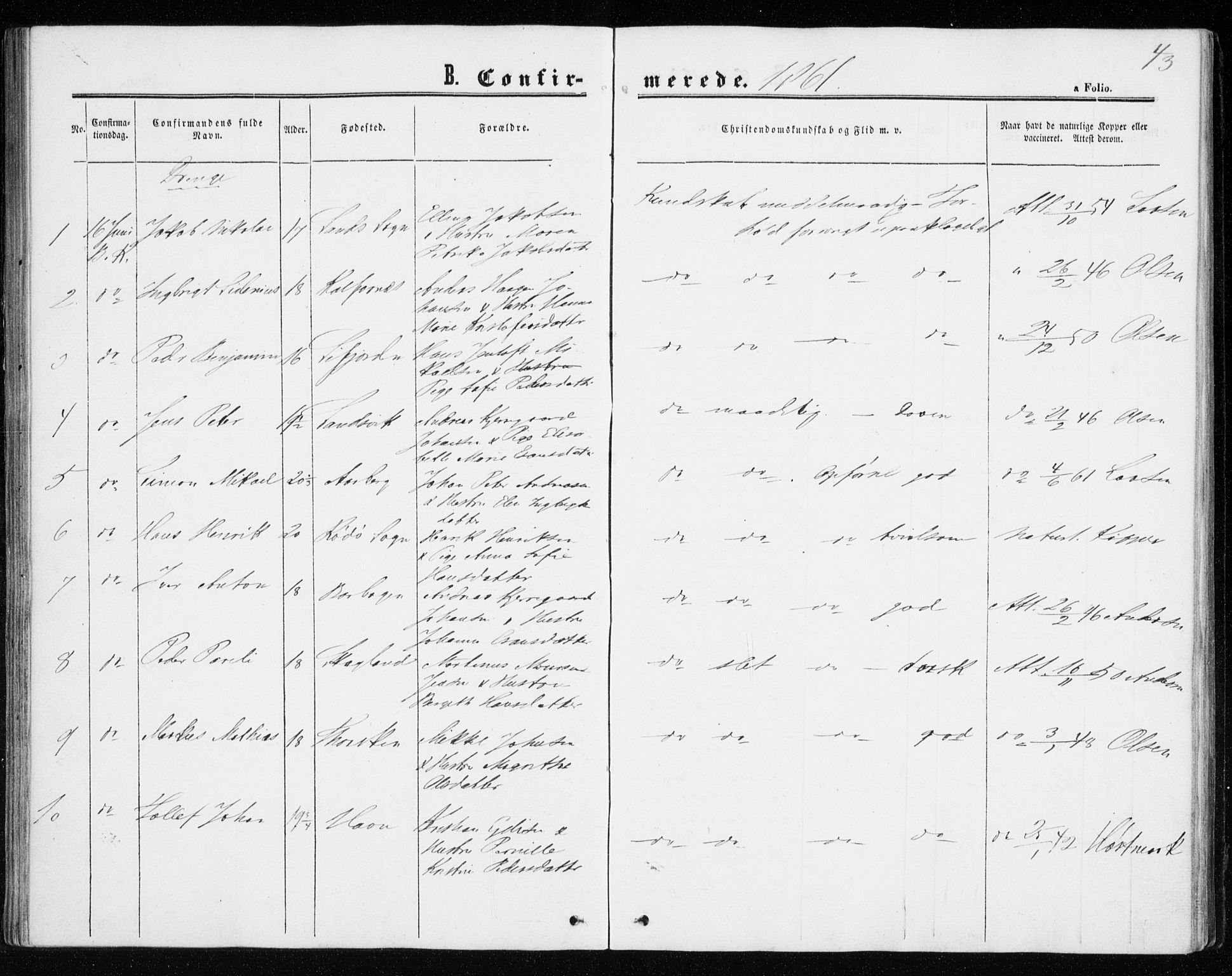 Berg sokneprestkontor, SATØ/S-1318/G/Ga/Gaa/L0002kirke: Parish register (official) no. 2, 1860-1872, p. 43