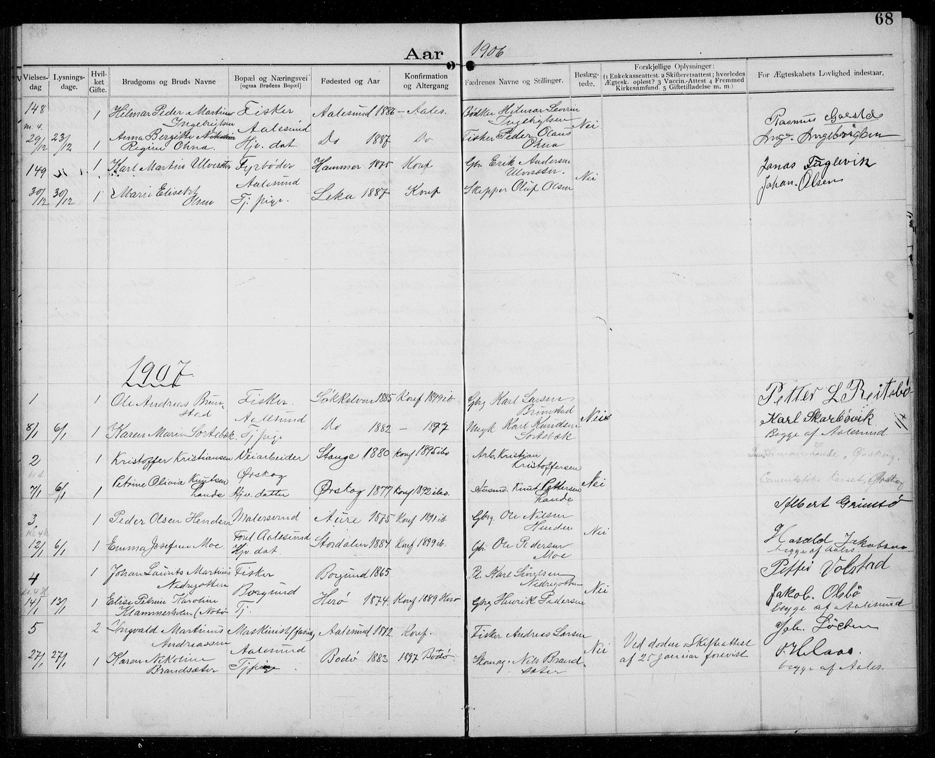 Ministerialprotokoller, klokkerbøker og fødselsregistre - Møre og Romsdal, AV/SAT-A-1454/529/L0458: Banns register no. 529A08, 1901-1918, p. 68