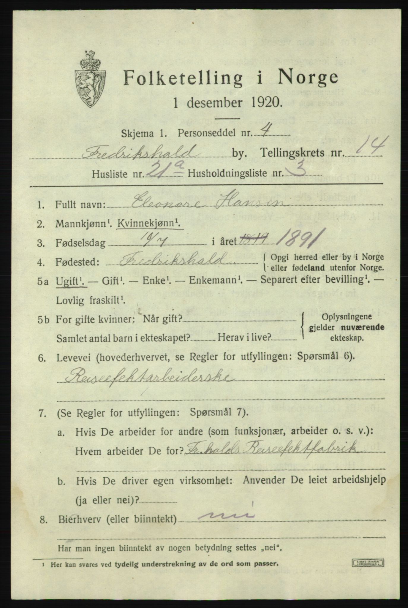 SAO, 1920 census for Fredrikshald, 1920, p. 22751