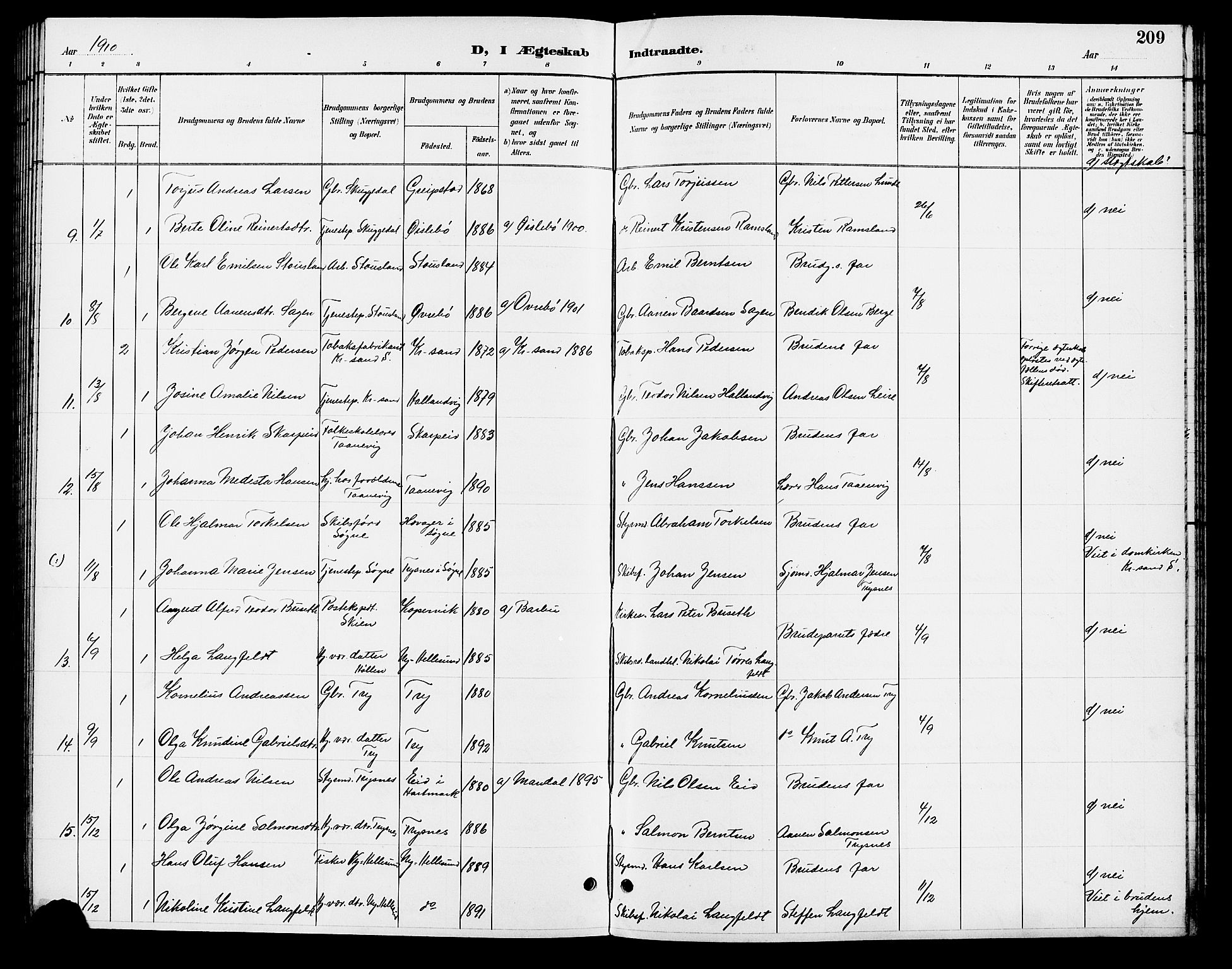 Søgne sokneprestkontor, AV/SAK-1111-0037/F/Fb/Fbb/L0006: Parish register (copy) no. B 6, 1892-1911, p. 209