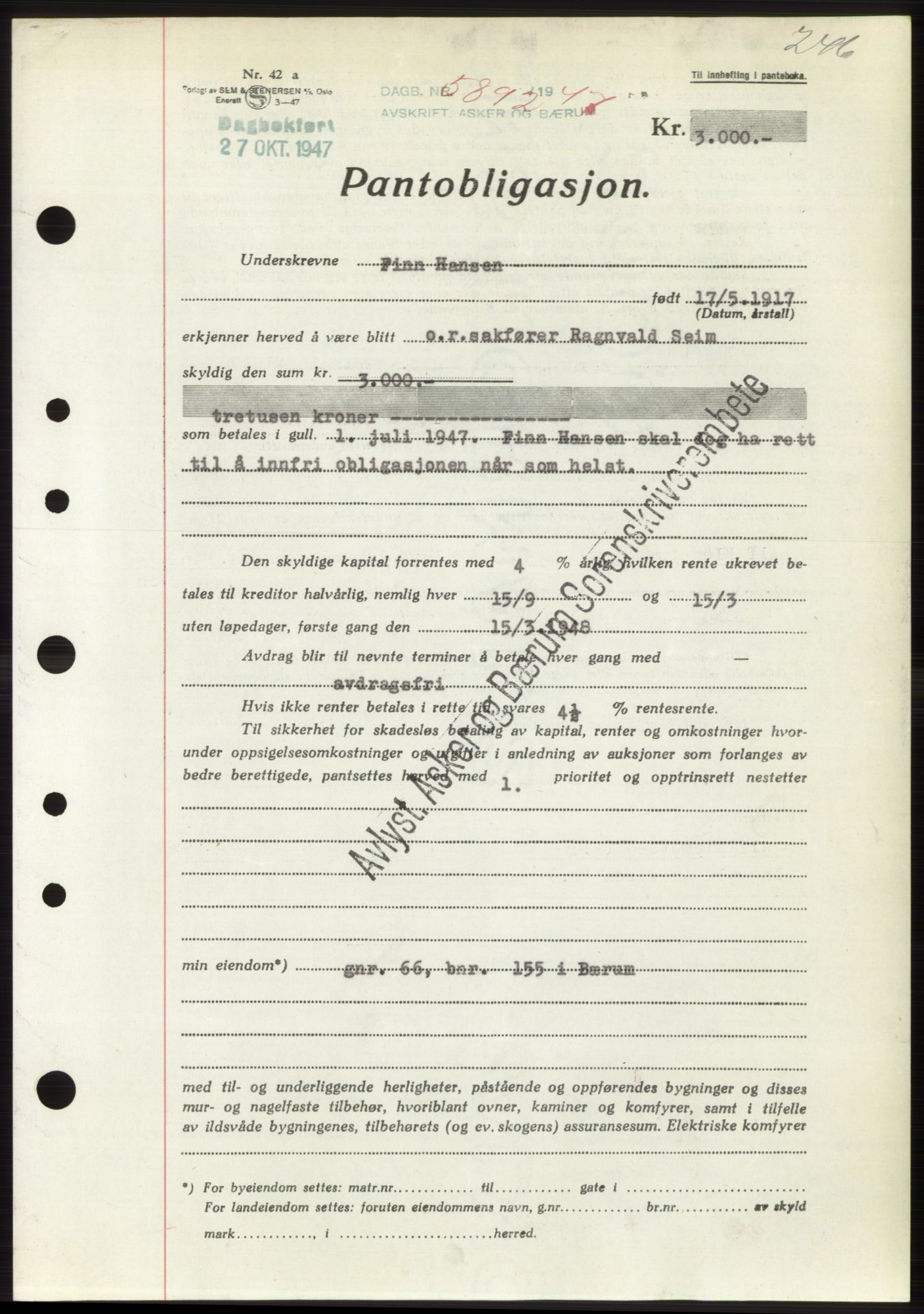 Aker herredsskriveri, AV/SAO-A-10896/G/Gb/Gbb/Gbbc/L0018: Mortgage book no. B84, 1947-1947, Diary no: : 5892/1947