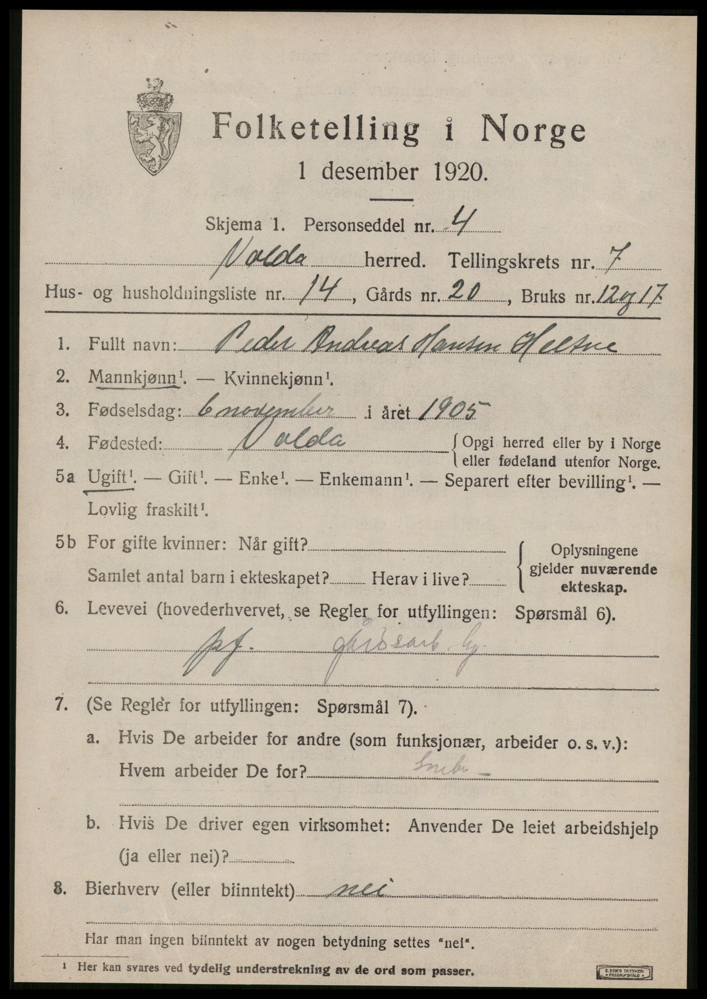 SAT, 1920 census for Volda, 1920, p. 6300