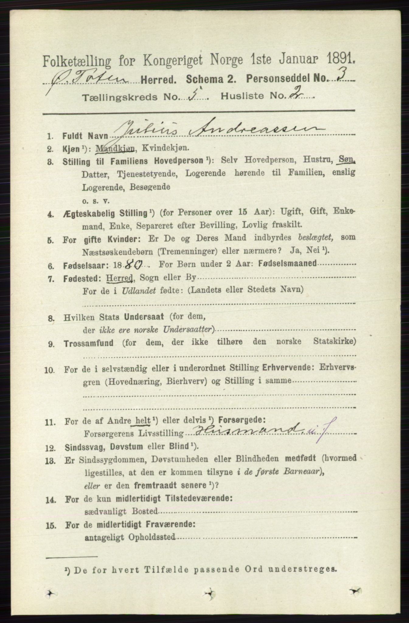 RA, 1891 census for 0528 Østre Toten, 1891, p. 3186