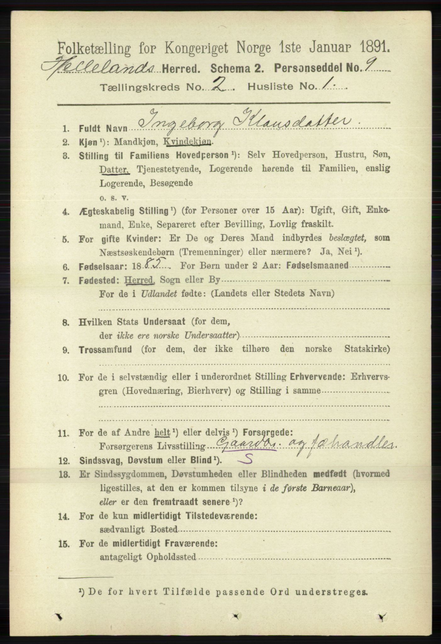 RA, 1891 census for 1115 Helleland, 1891, p. 443