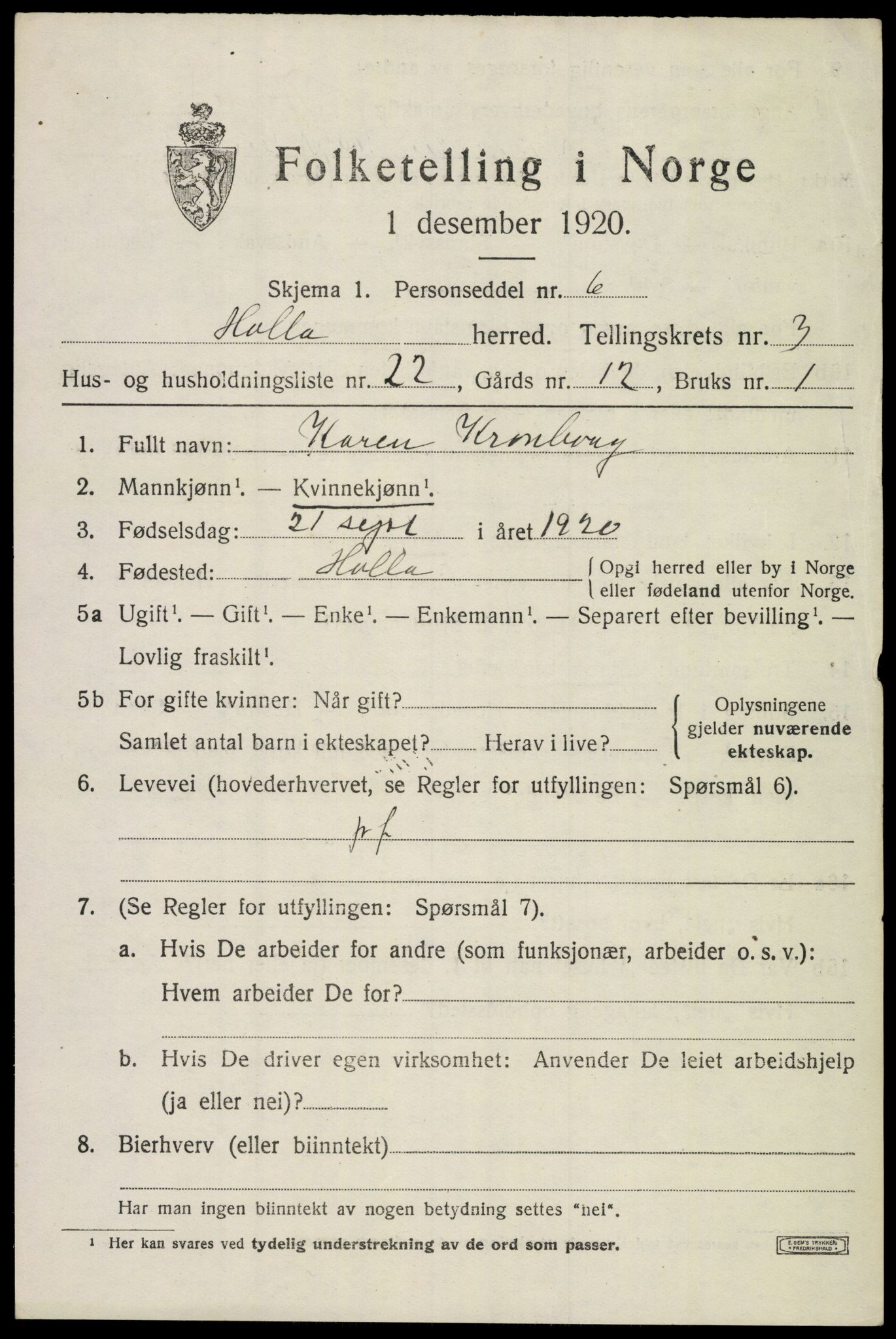 SAKO, 1920 census for Holla, 1920, p. 3245