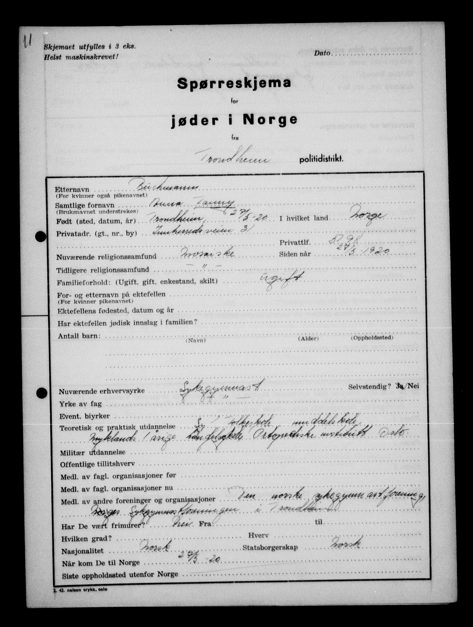 Statspolitiet - Hovedkontoret / Osloavdelingen, AV/RA-S-1329/G/Ga/L0013: Spørreskjema for jøder i Norge. 1: Sandefjord-Trondheim. 2: Tønsberg- Ålesund.  3: Skriv vedr. jøder A-H.  , 1942-1943, p. 182