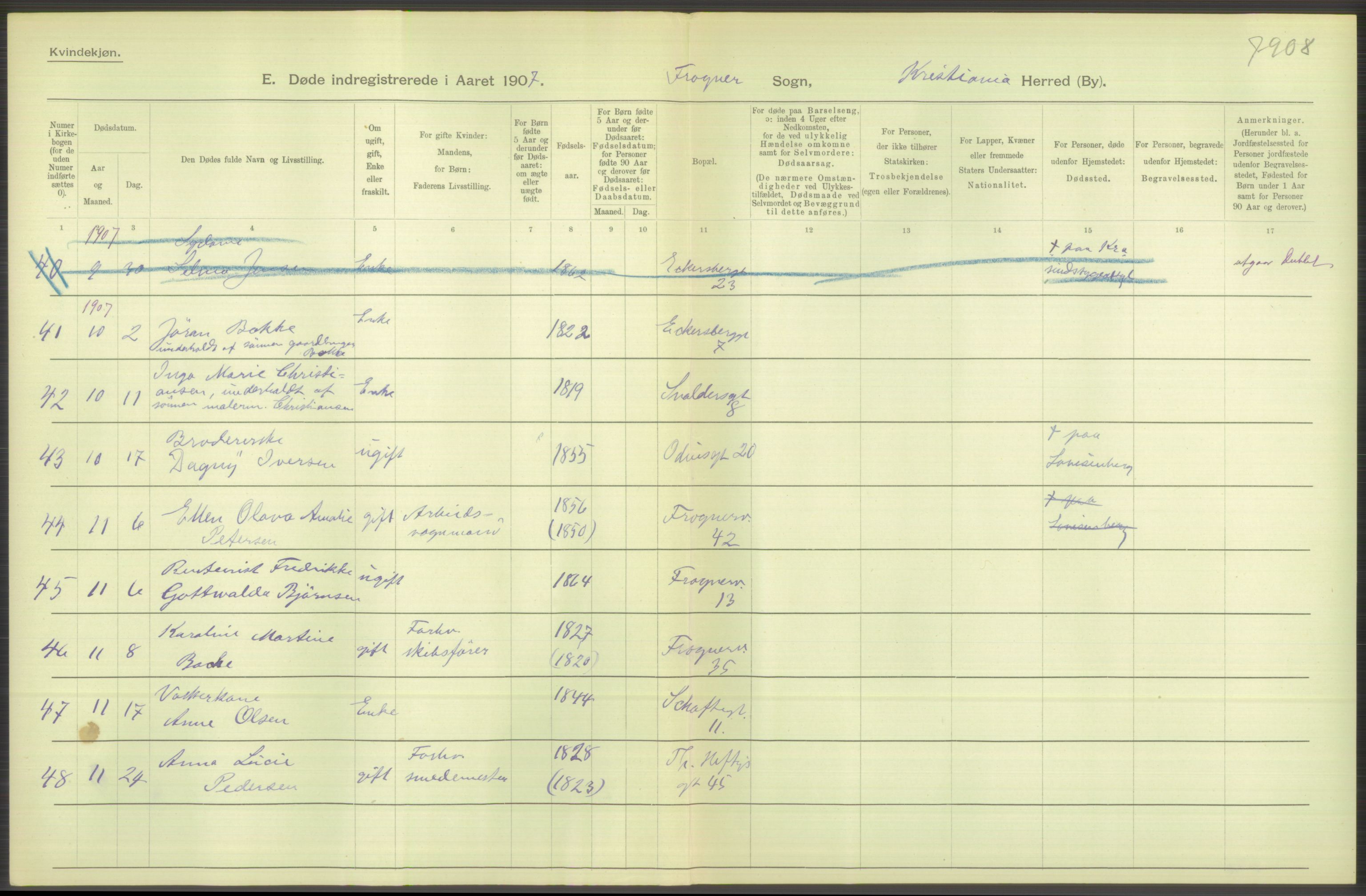 Statistisk sentralbyrå, Sosiodemografiske emner, Befolkning, AV/RA-S-2228/D/Df/Dfa/Dfae/L0009: Kristiania: Døde, 1907, p. 298