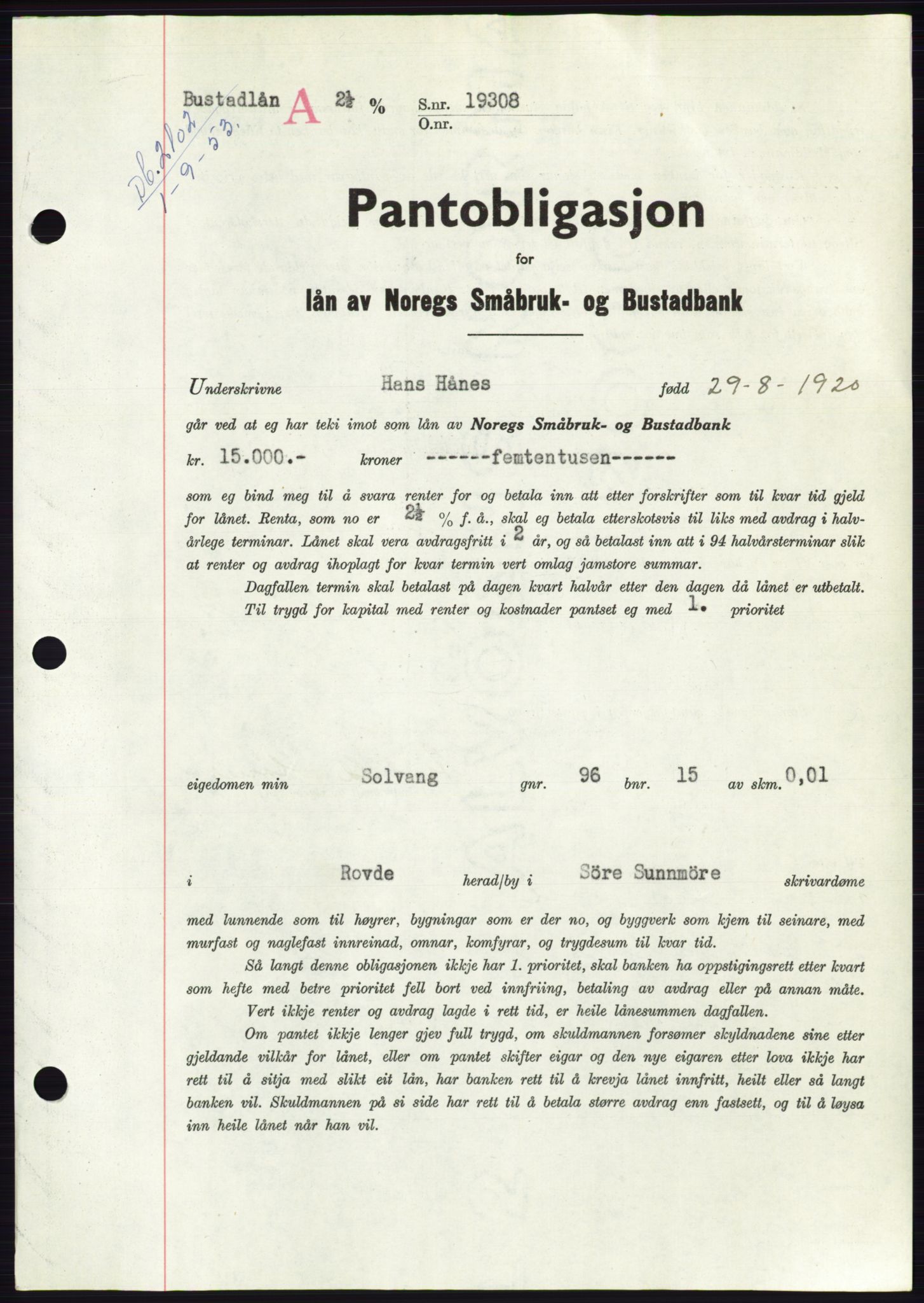Søre Sunnmøre sorenskriveri, SAT/A-4122/1/2/2C/L0123: Mortgage book no. 11B, 1953-1953, Diary no: : 2102/1953