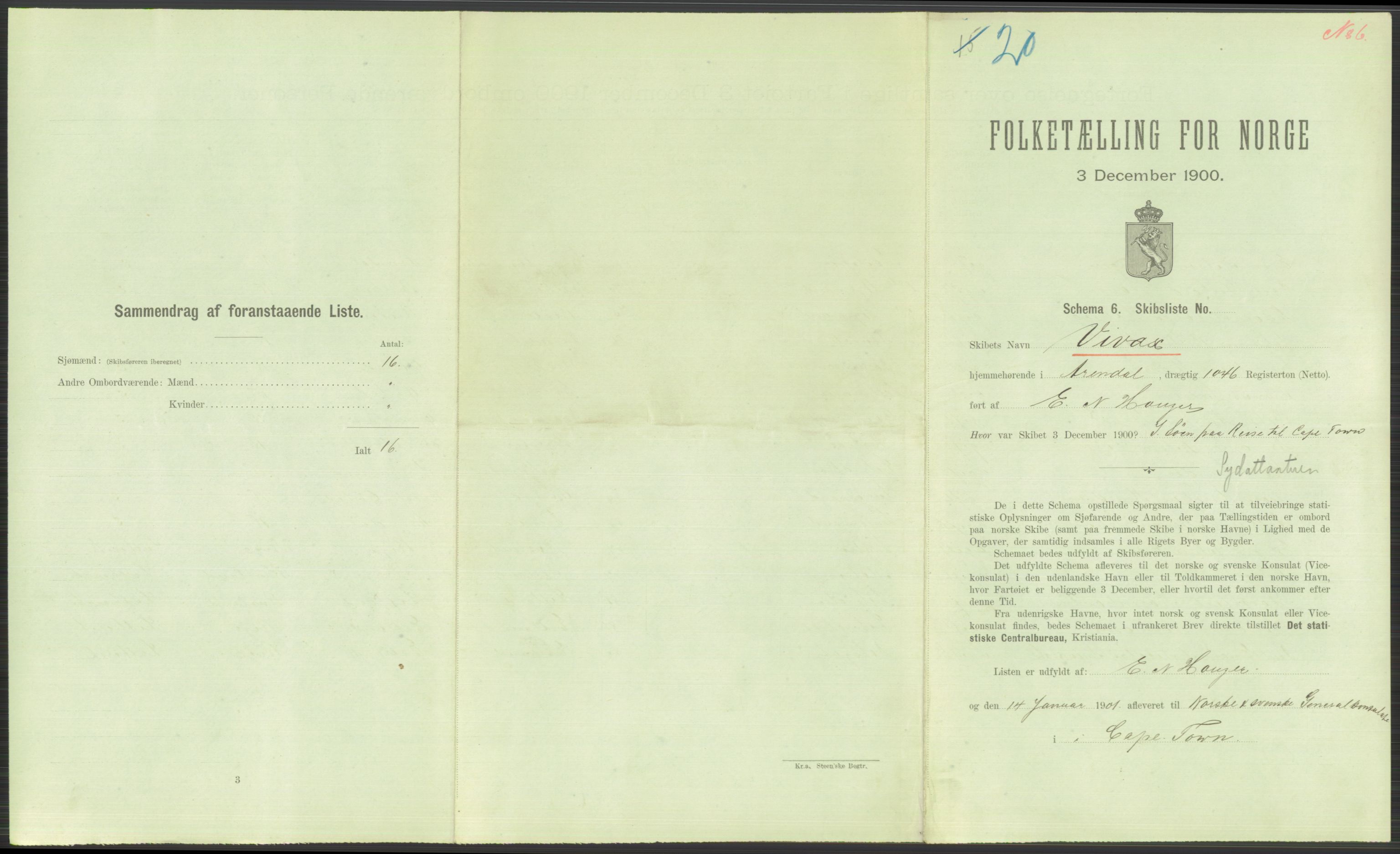 RA, 1900 Census - ship lists from ships in Norwegian harbours, harbours abroad and at sea, 1900, p. 6055