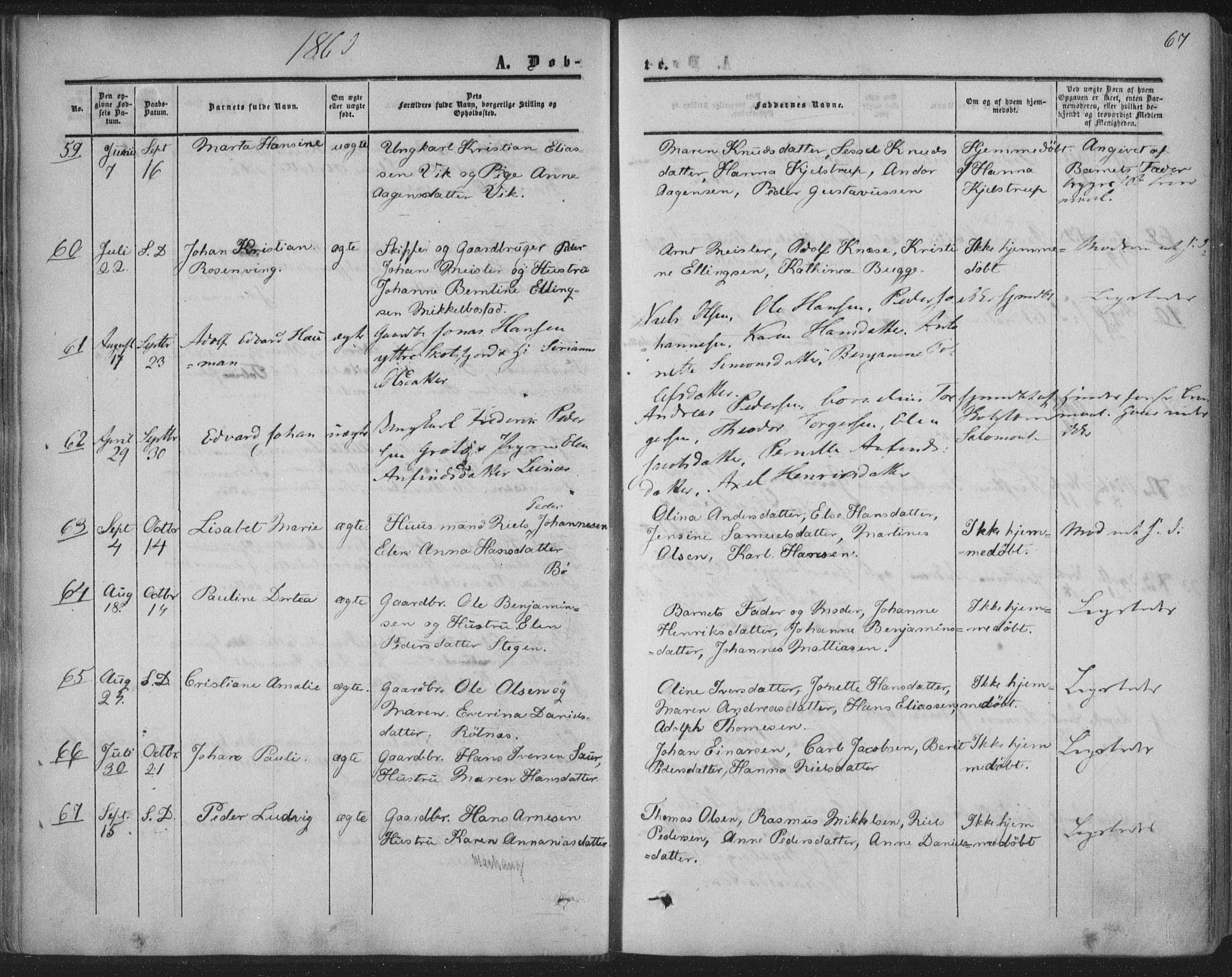 Ministerialprotokoller, klokkerbøker og fødselsregistre - Nordland, AV/SAT-A-1459/855/L0800: Parish register (official) no. 855A08, 1852-1864, p. 67