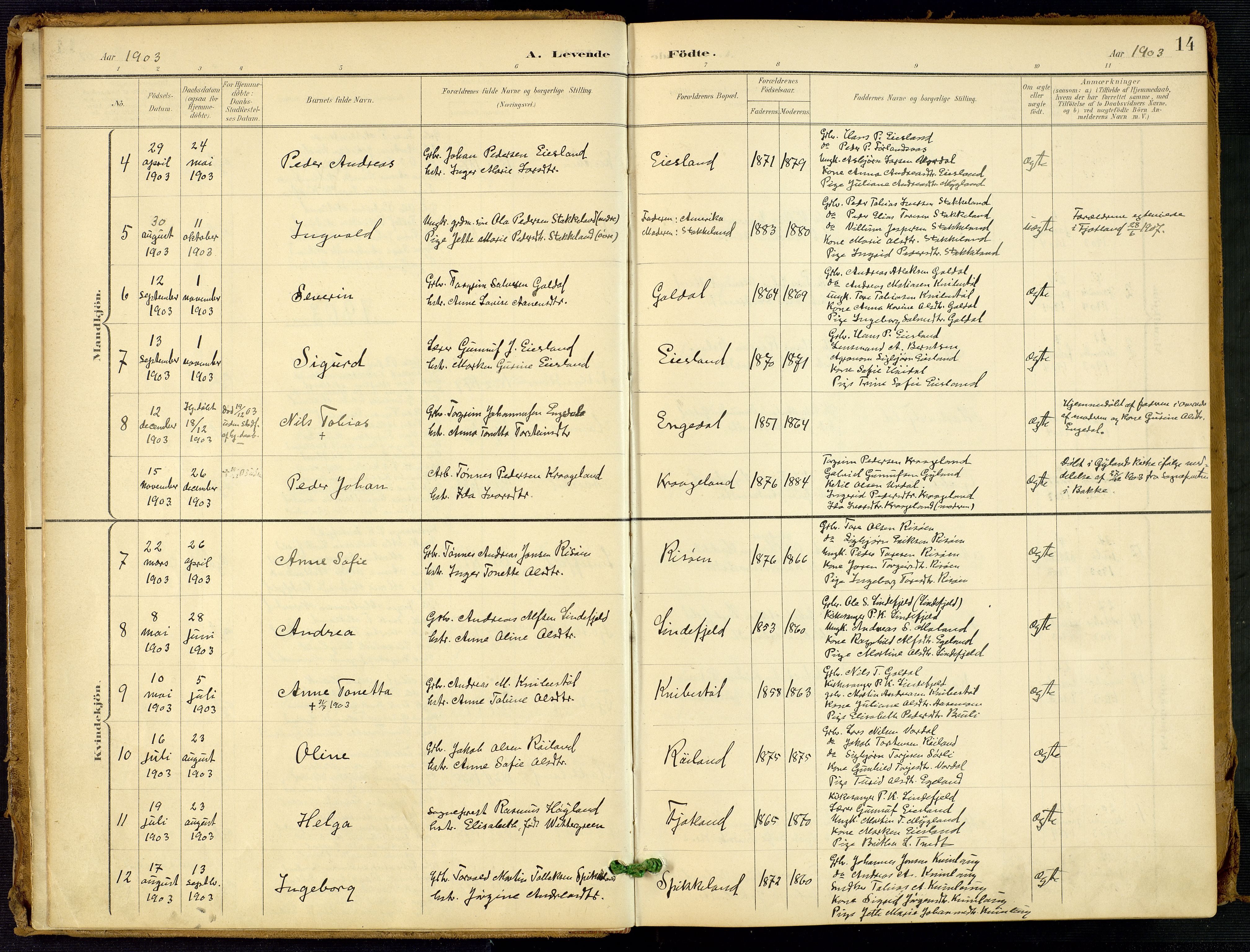 Fjotland sokneprestkontor, AV/SAK-1111-0010/F/Fa/L0003: Parish register (official) no. A 3, 1899-1917, p. 14