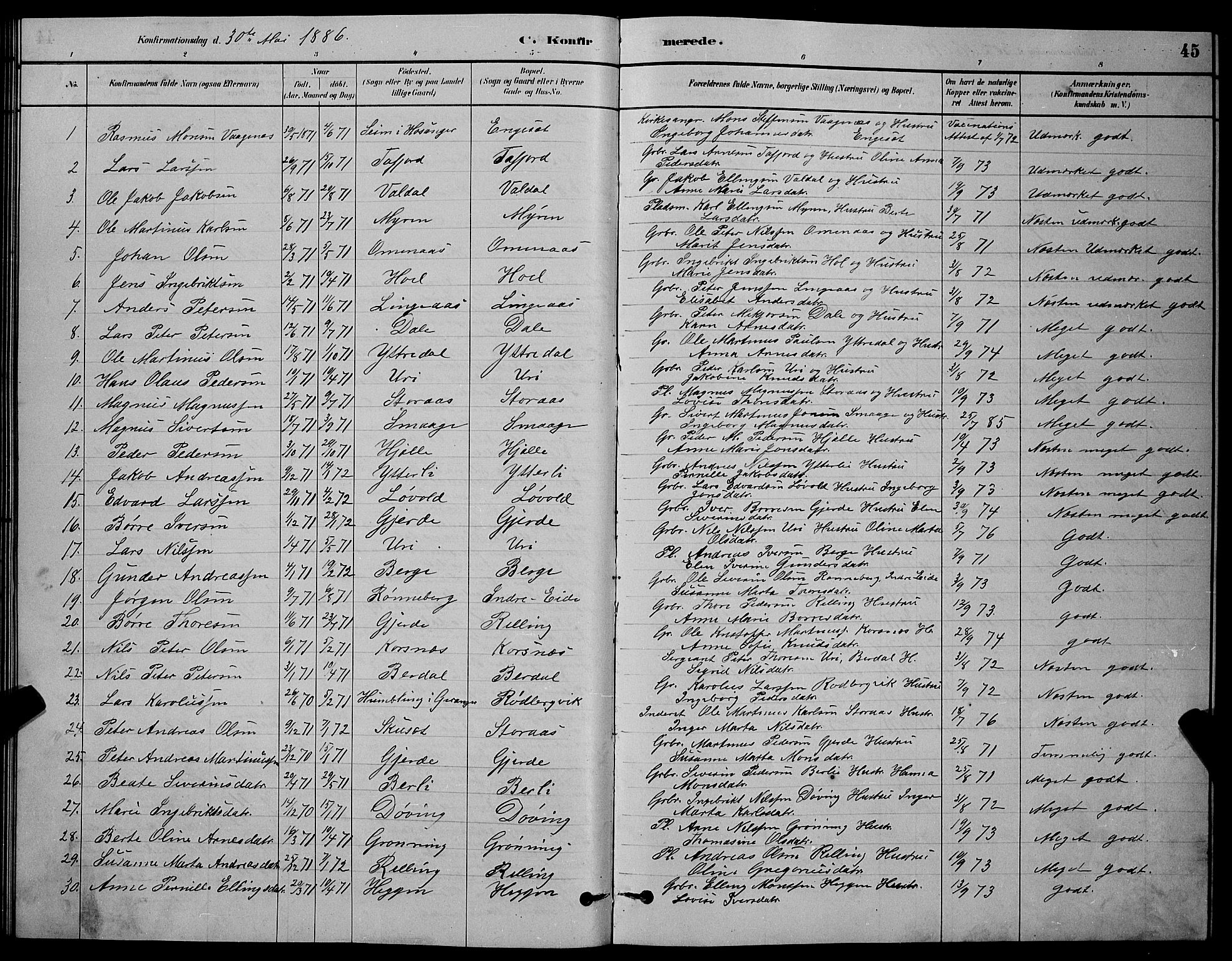 Ministerialprotokoller, klokkerbøker og fødselsregistre - Møre og Romsdal, AV/SAT-A-1454/519/L0263: Parish register (copy) no. 519C04, 1885-1892, p. 45