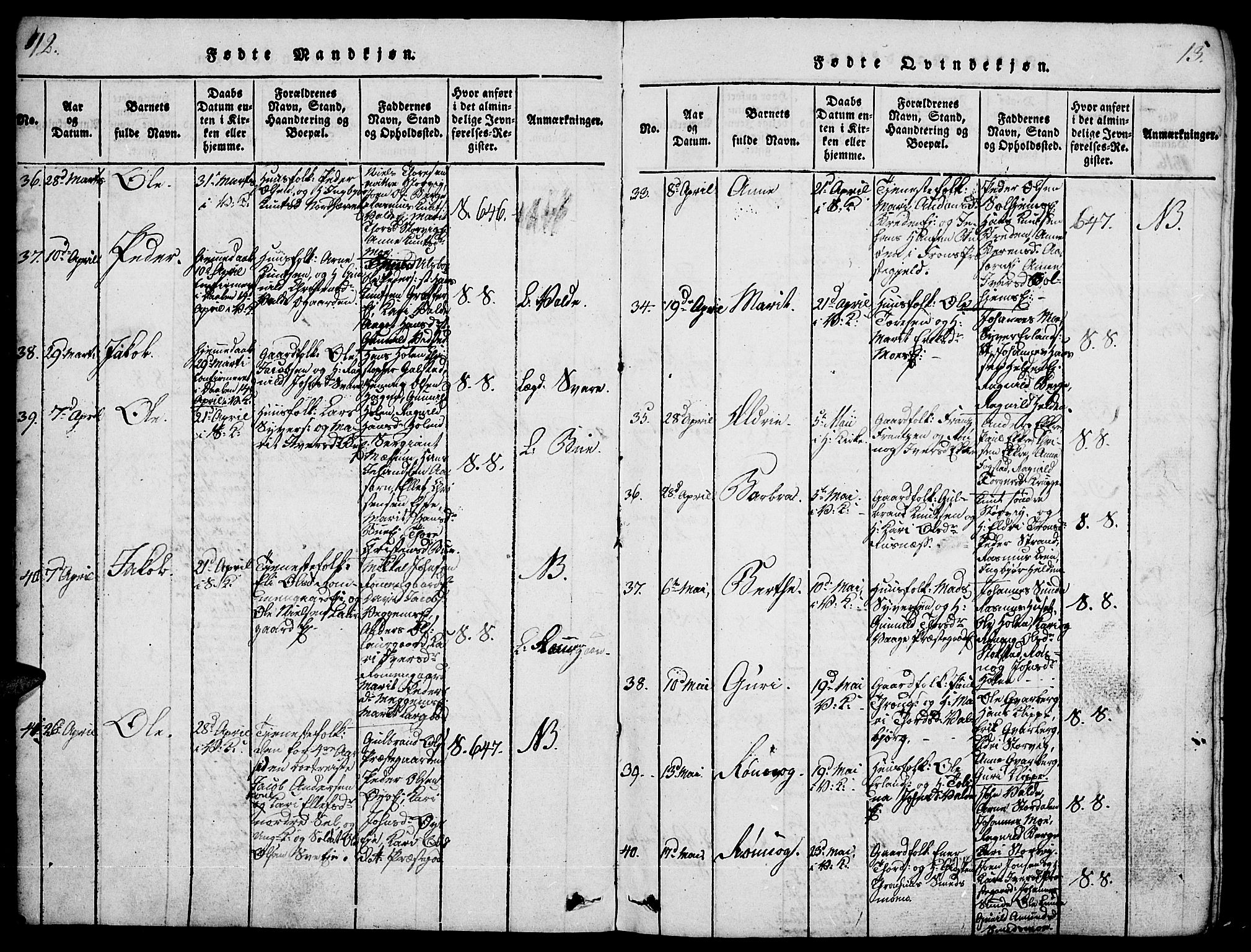 Vågå prestekontor, SAH/PREST-076/H/Ha/Haa/L0003: Parish register (official) no. 3, 1815-1827, p. 12-13