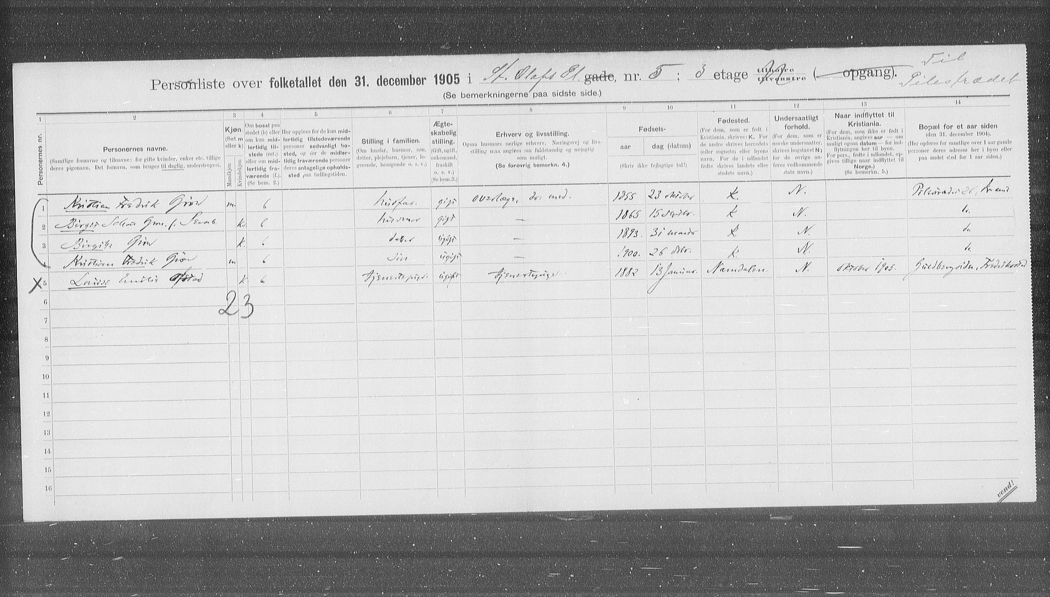 OBA, Municipal Census 1905 for Kristiania, 1905, p. 53482