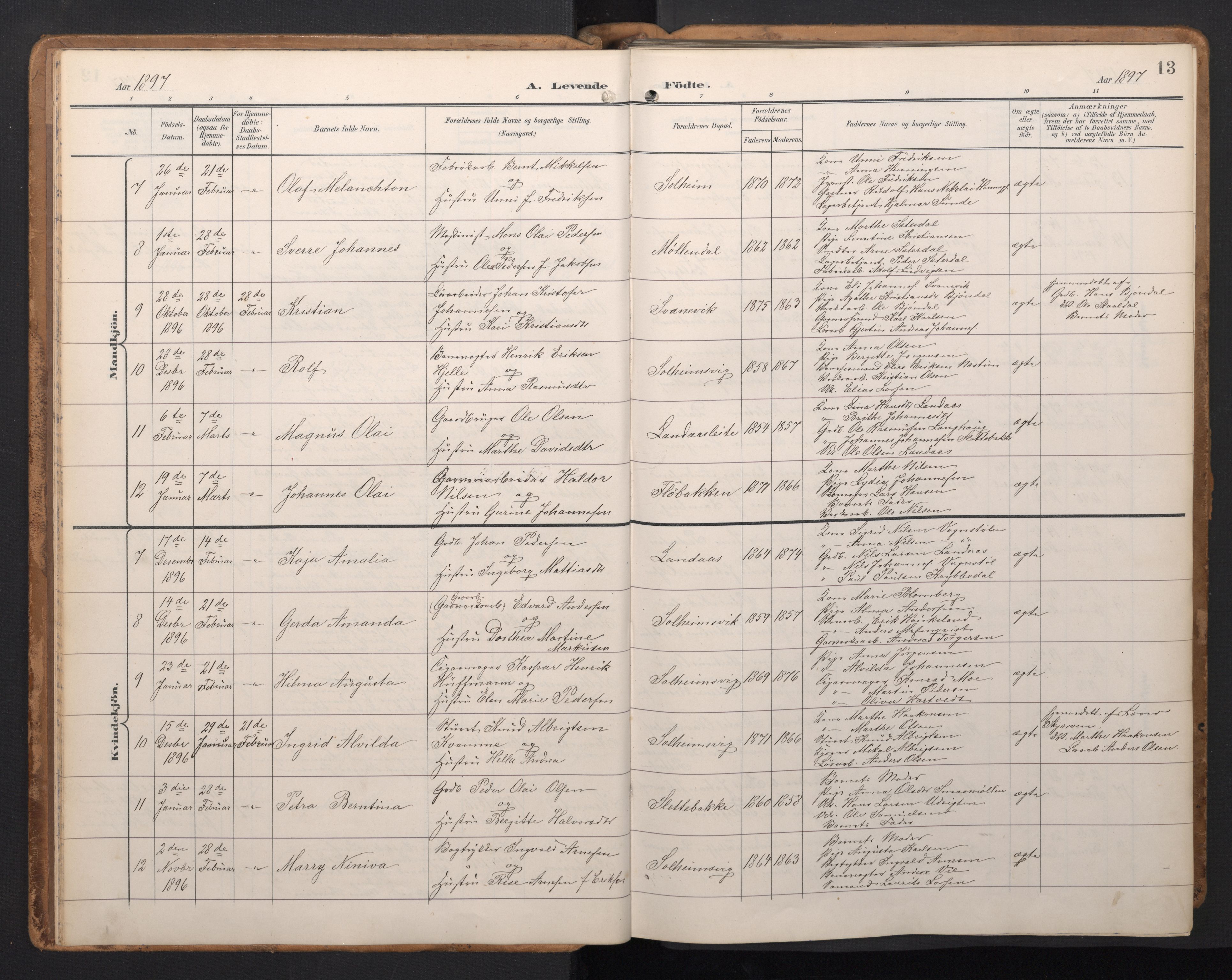 Årstad Sokneprestembete, SAB/A-79301/H/Hab/L0002: Parish register (copy) no. A 2, 1896-1912, p. 12b-13a