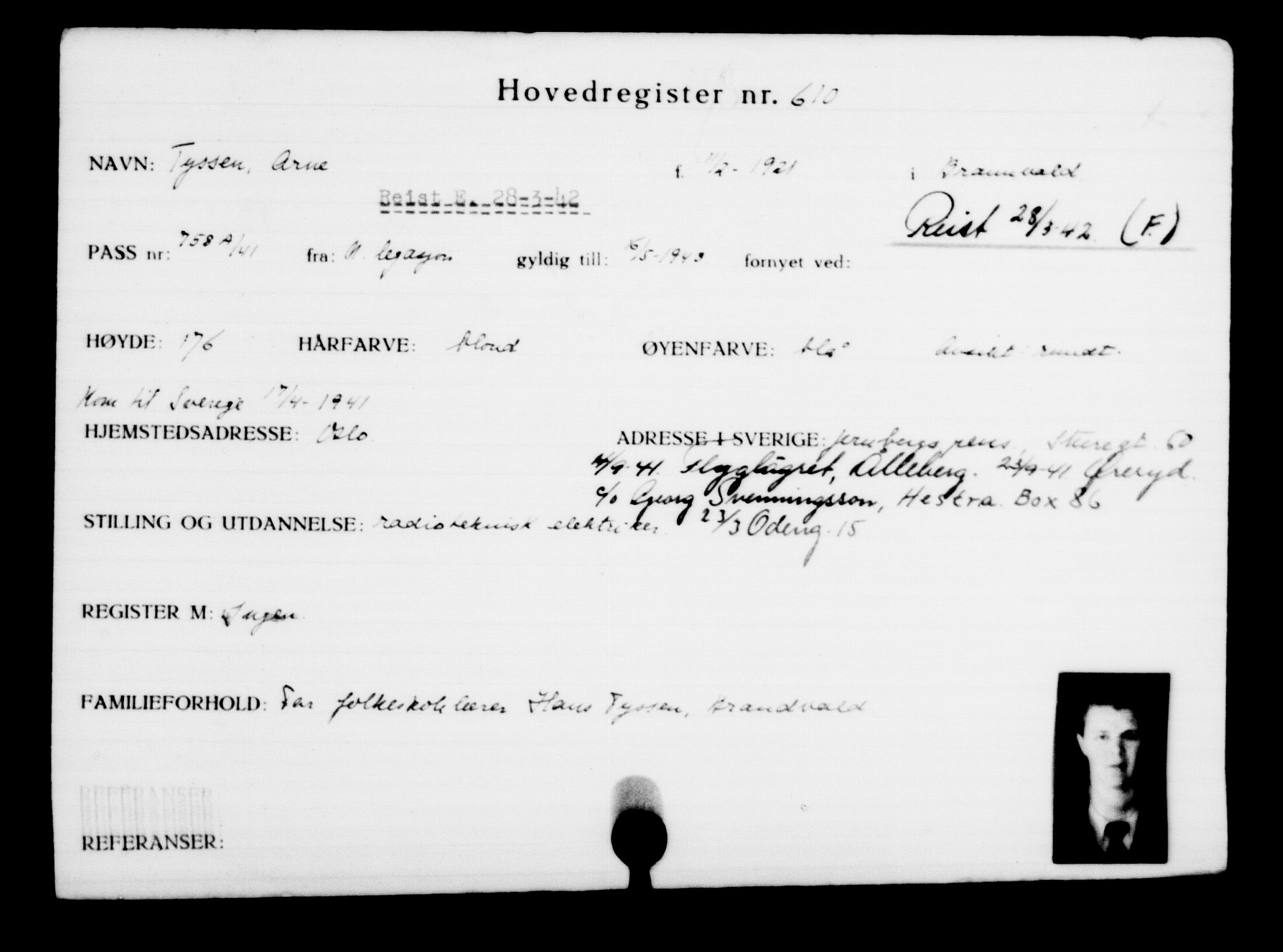 Utenriksstasjonene, Legasjonen i Stockholm, Flyktningkontoret, AV/RA-S-6753/V/Va/L0001: Kjesäterkartoteket, flyktninger med registreringsnr. 1-1000, 1940-1945, p. 955