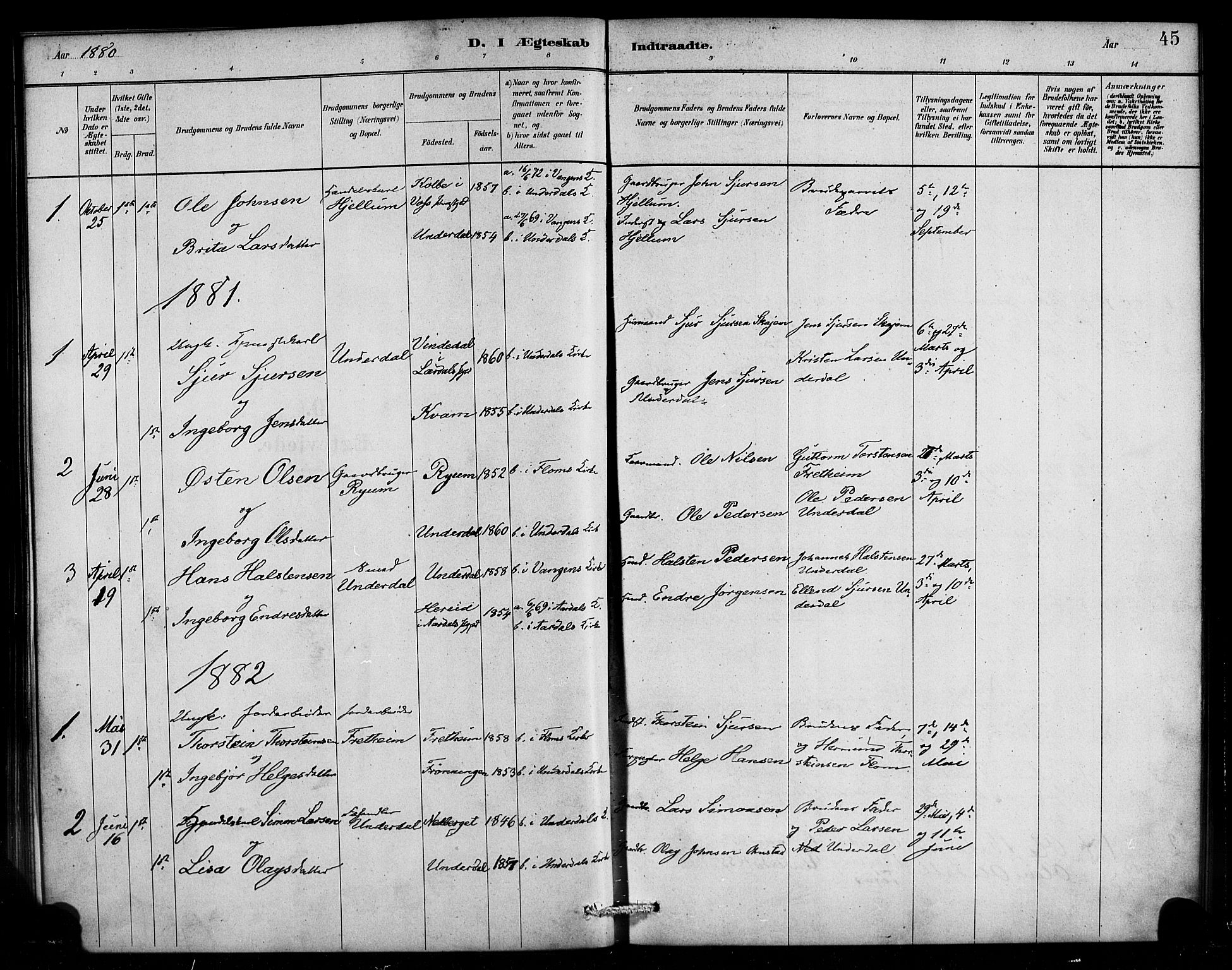 Aurland sokneprestembete, SAB/A-99937/H/Ha/Hae/L0001: Parish register (official) no. E 1, 1880-1907, p. 45