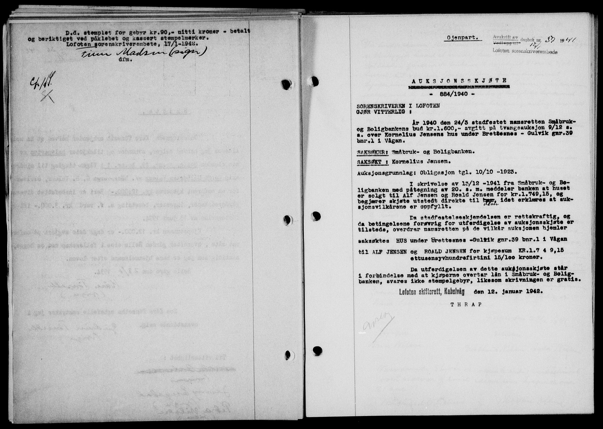 Lofoten sorenskriveri, SAT/A-0017/1/2/2C/L0009a: Mortgage book no. 9a, 1941-1942, Diary no: : 37/1942