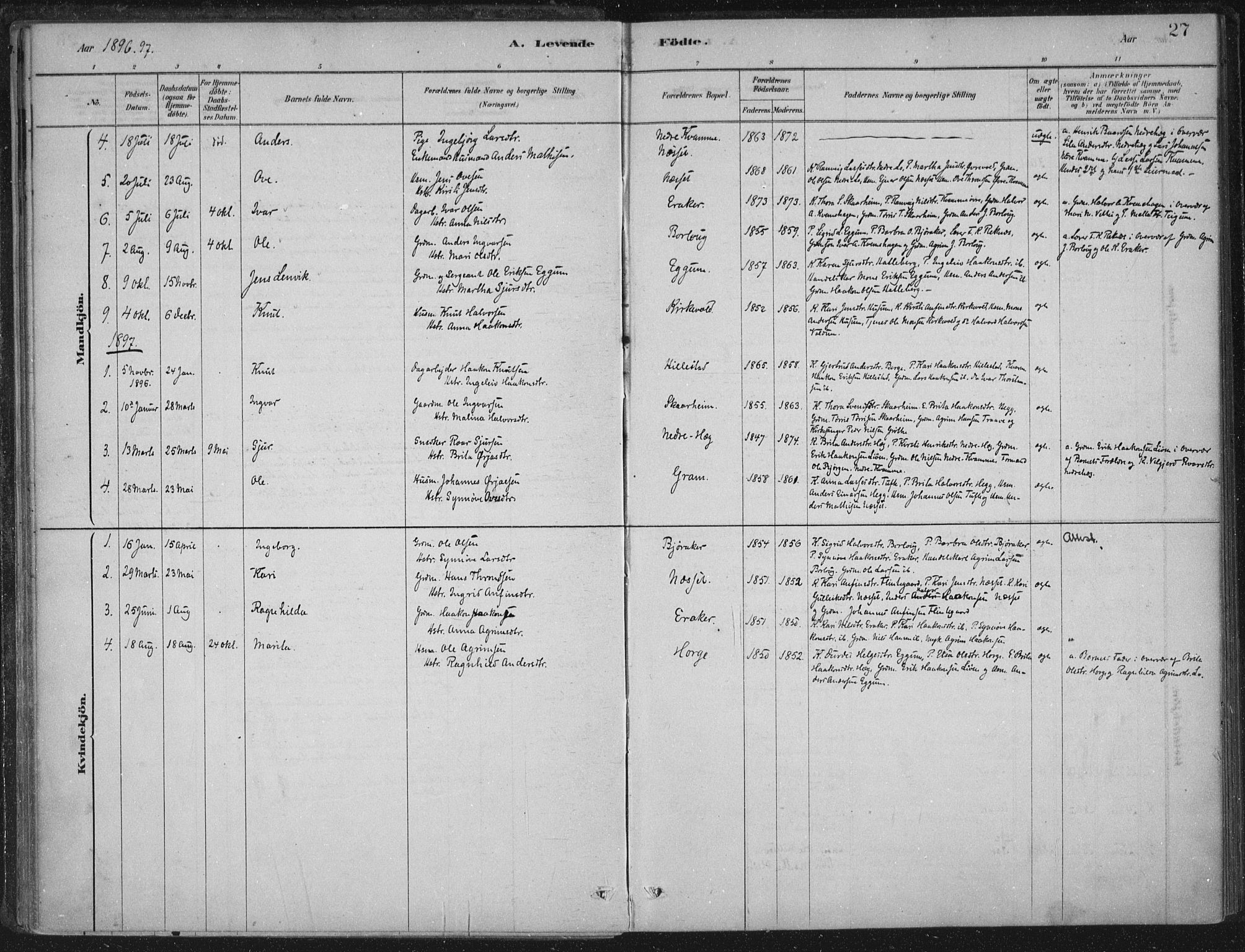 Lærdal sokneprestembete, SAB/A-81201: Parish register (official) no. C  1, 1878-1911, p. 27