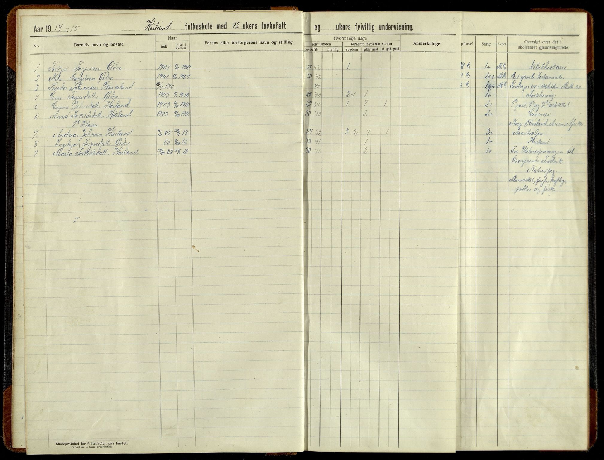 Grindheim kommune - Høyland Skolekrets, ARKSOR/1027GR551/H/L0002: Skoleprotokoll (d), 1913-1956