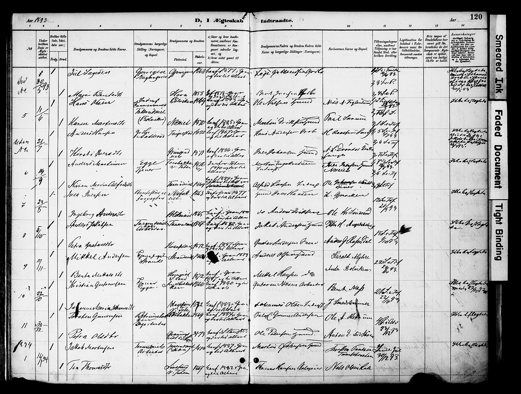 Gran prestekontor, SAH/PREST-112/H/Ha/Haa/L0020: Parish register (official) no. 20, 1889-1899, p. 120
